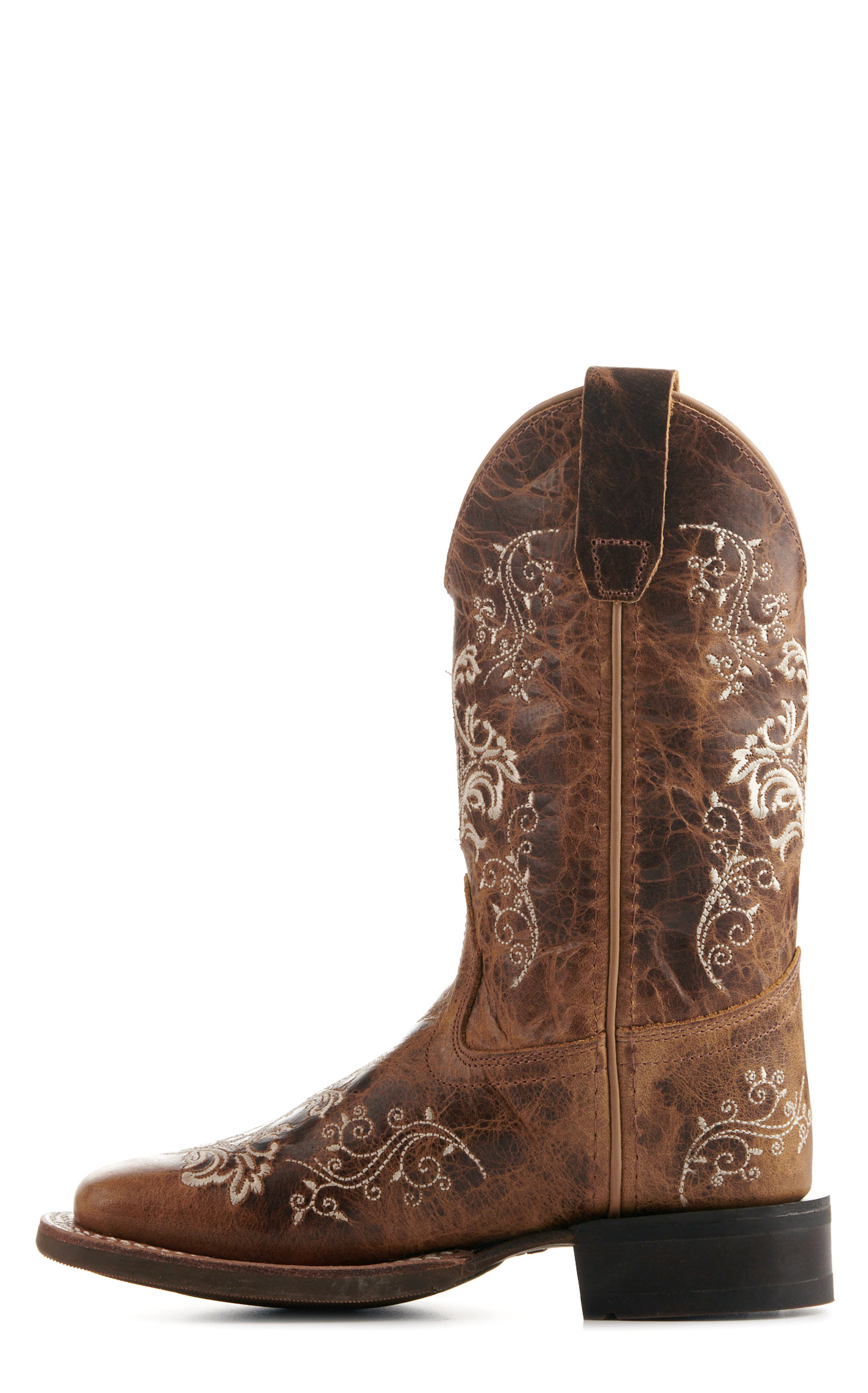 Old West Youth Burnt Tan with Cream Embroidery Wide Square Toe Cowboy Boots - Image 1