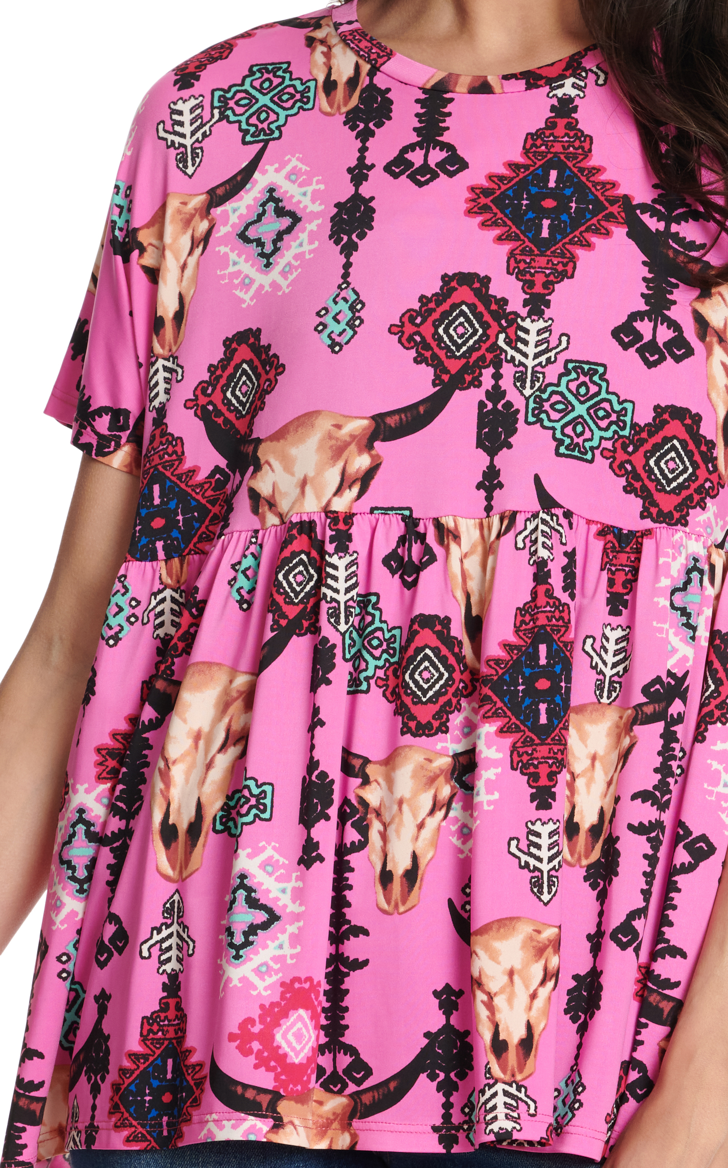 R. Rouge Women's Dark Pink Aztec & Skull Print Short Sleeve Baby Doll Top - Image 1