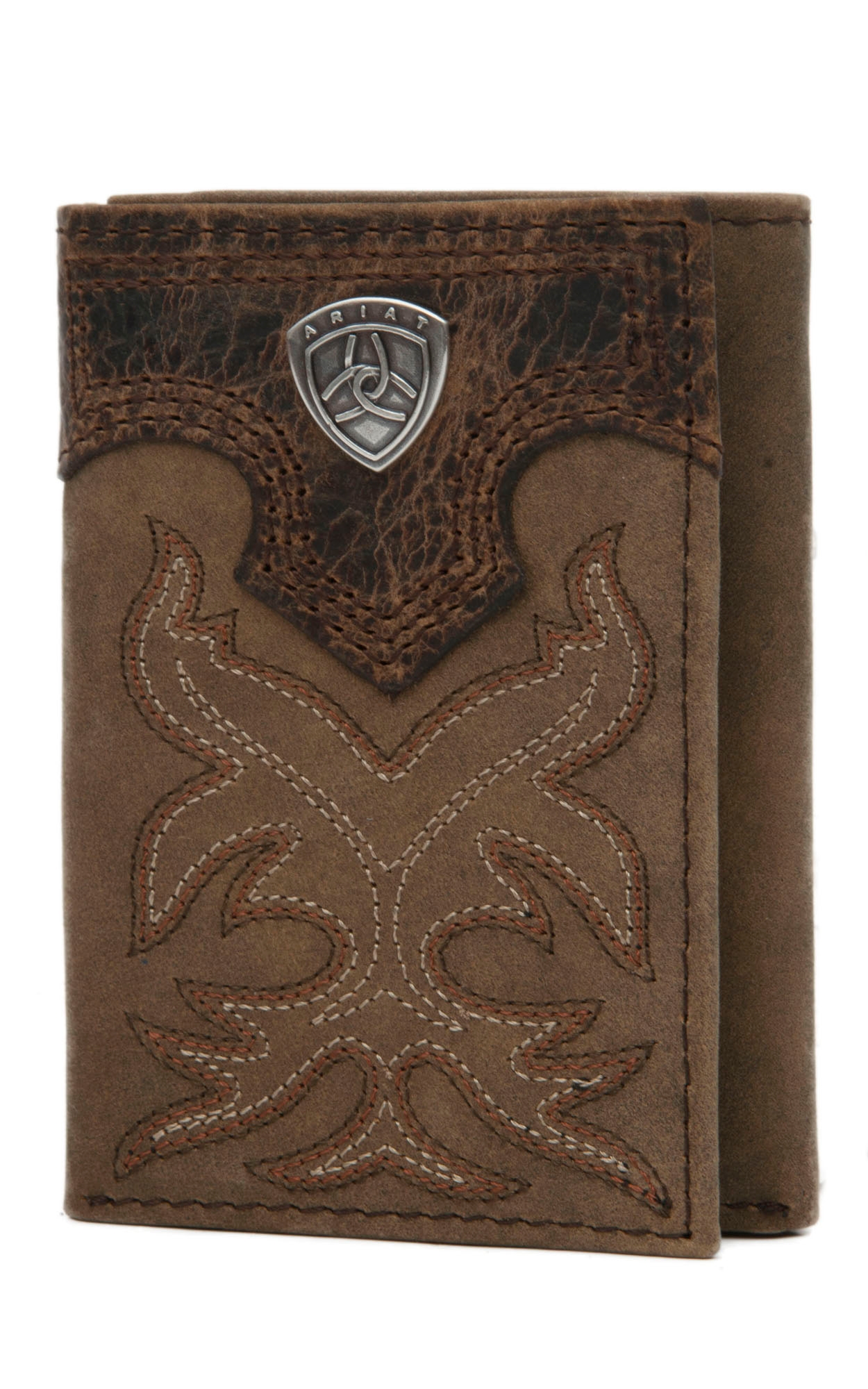 Ariat Distressed Brown with Boot Stitching Leather Tri-Fold Wallet - Image 1