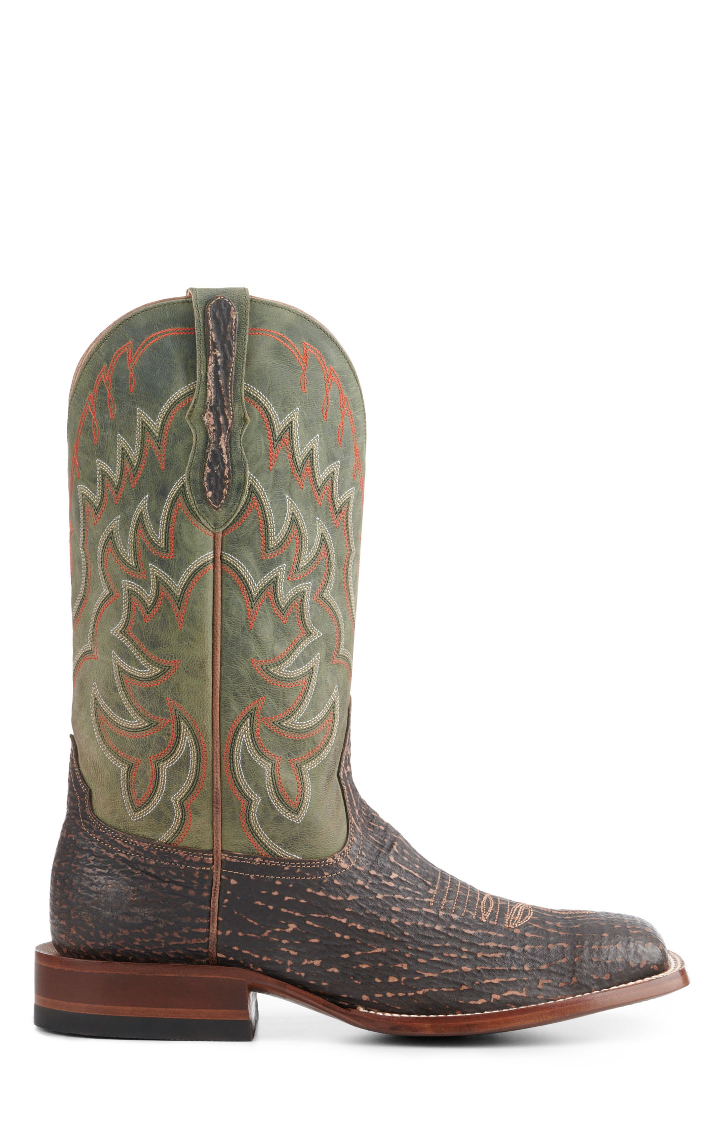 Cavender’s Men’s Rustic Brown Shark and Green Goat Wide Square Toe Cowboy Boots - Image 1