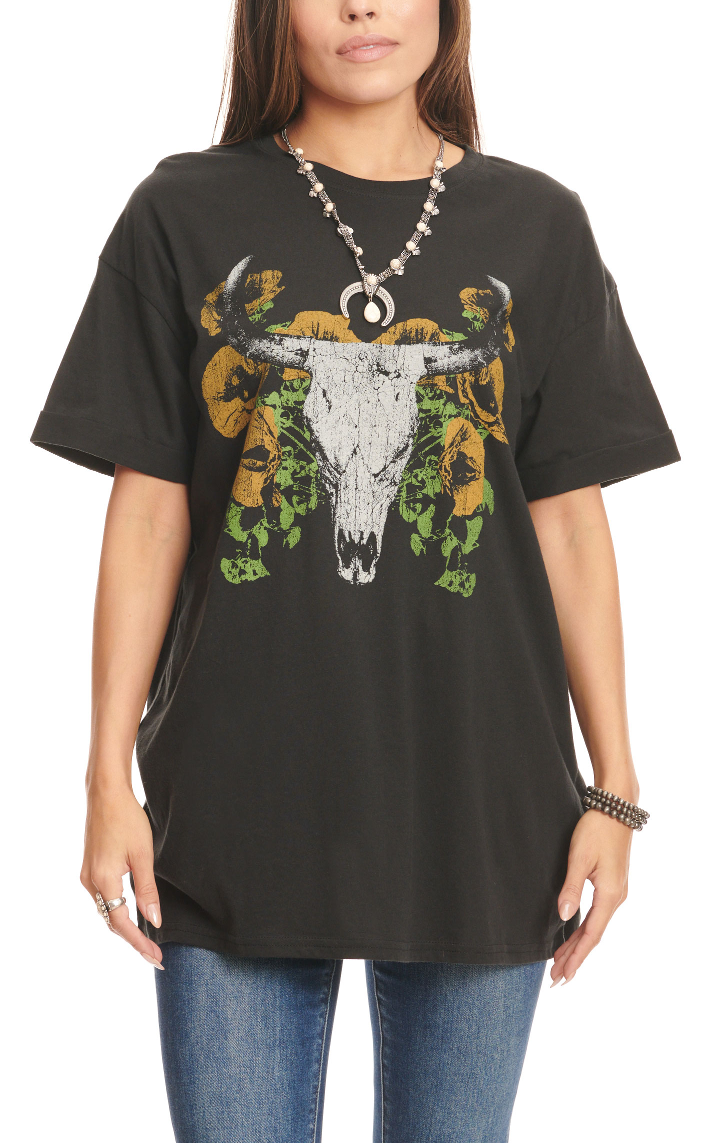 Girl Dangerous Women's Black with Lemon Lime Floral Skull Graphic Short Sleeve T-Shirt - Image 1