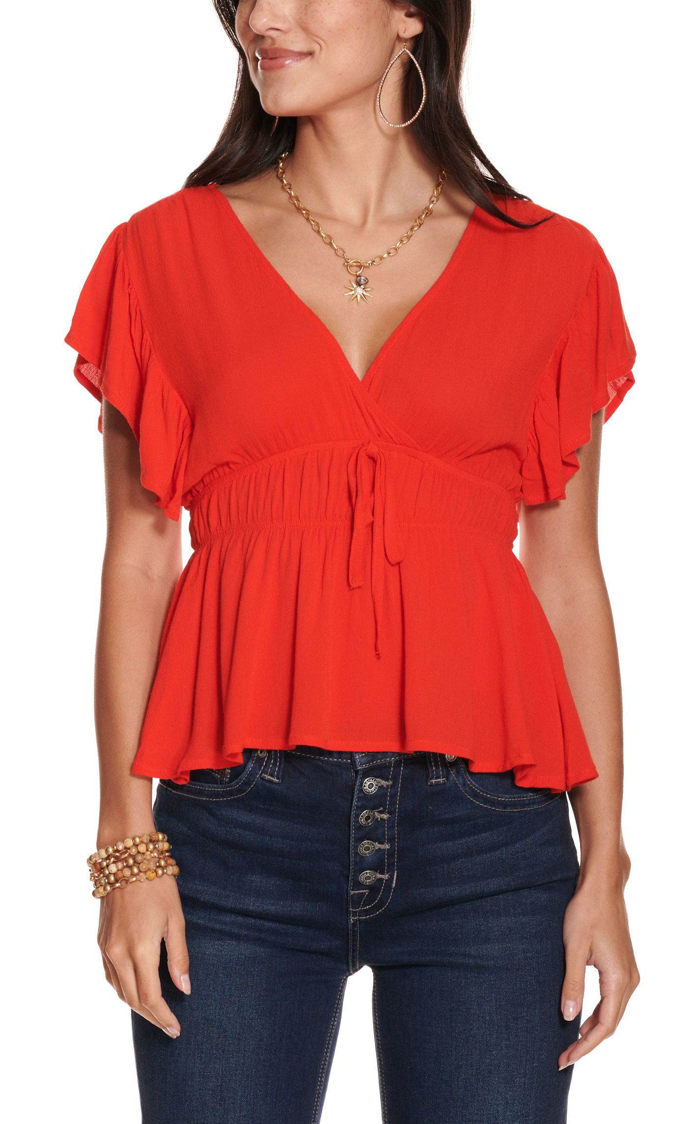 Blue B Women's Red Gathered Waist V-Neck Short Sleeve Top - Image 1