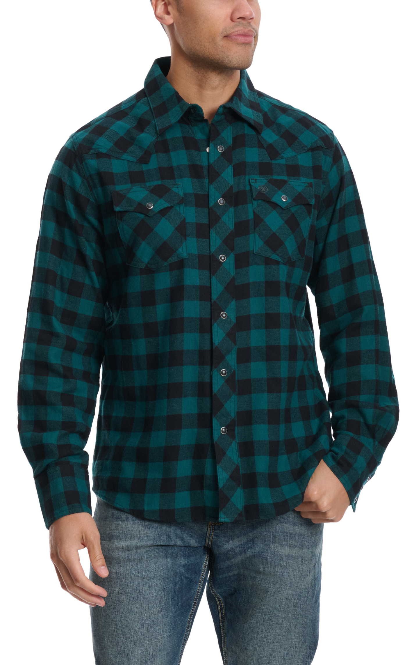 Wrangler Retro Men's Teal & Black Plaid Flannel Western Shirt - Image 1