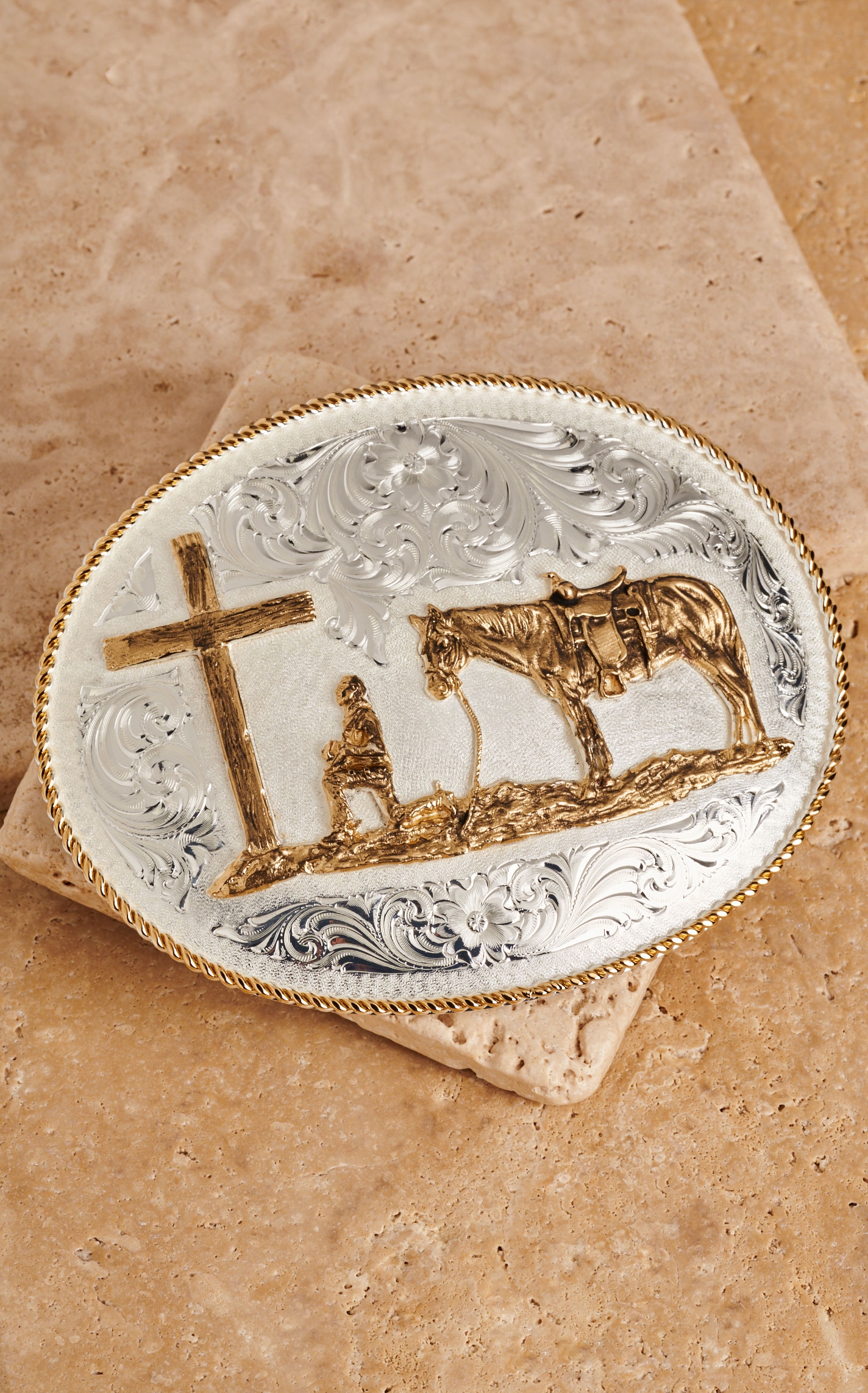 Montana Silversmiths Two-toned Christian Cowboy Oval Belt Buckle - Image 1