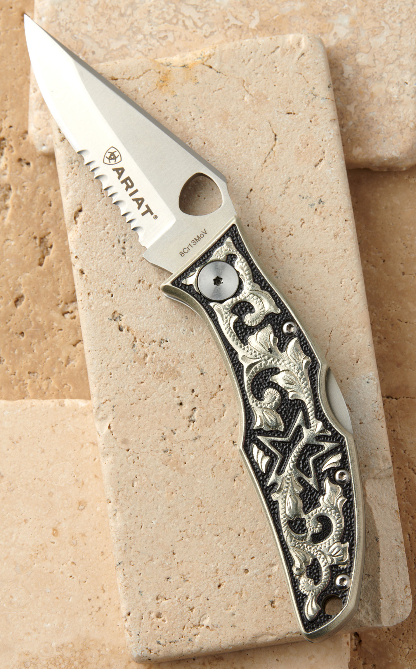 Ariat Integrated Hybrid Blade Silver & Black Engraved Handle Folding Knife  - Image 3