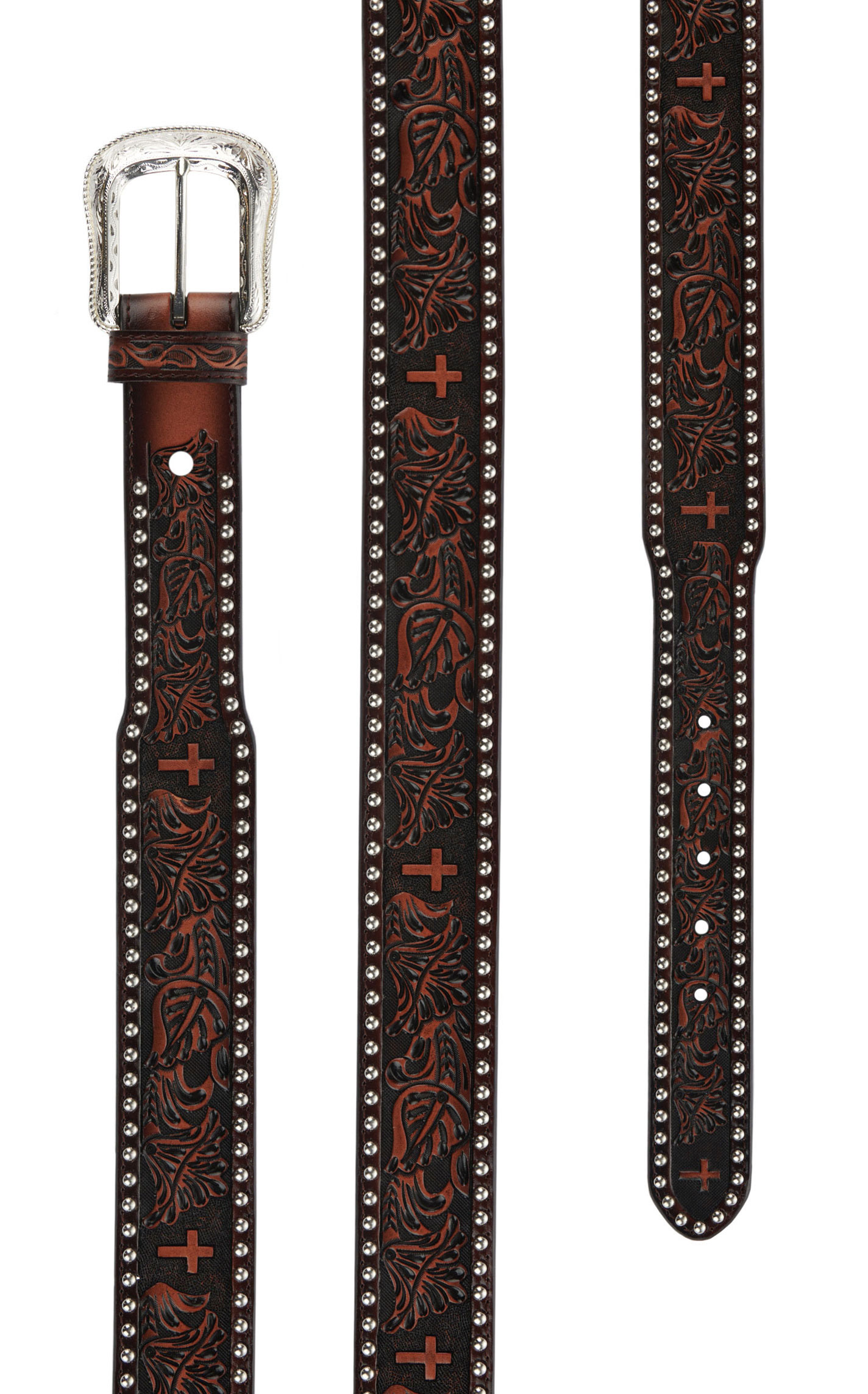 Cowboy Chrome Men's Brown Leather Floral Cross Tooling with Silver Studs Western Belt - Image 1