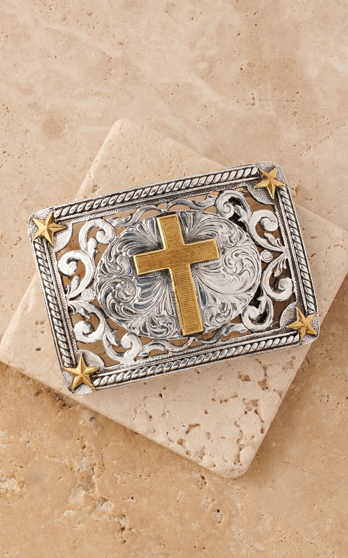 AndWest Men's Rectangle Gold and Silver Filigree Cross and Stars Belt Buckle - Image 1