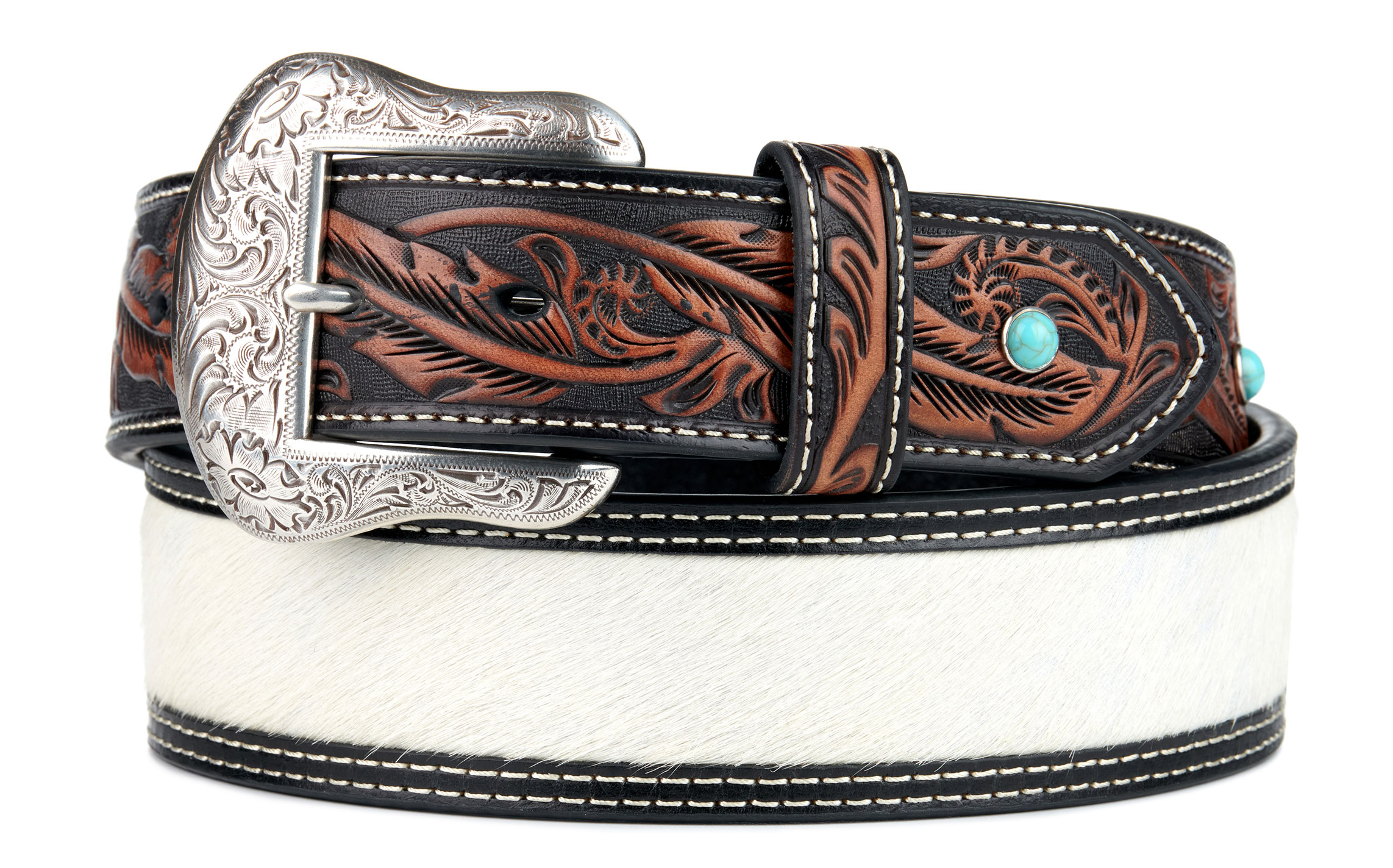 Nocona Men's Cream Hair on Hide & Feather Tooled Western Belt - Image 1