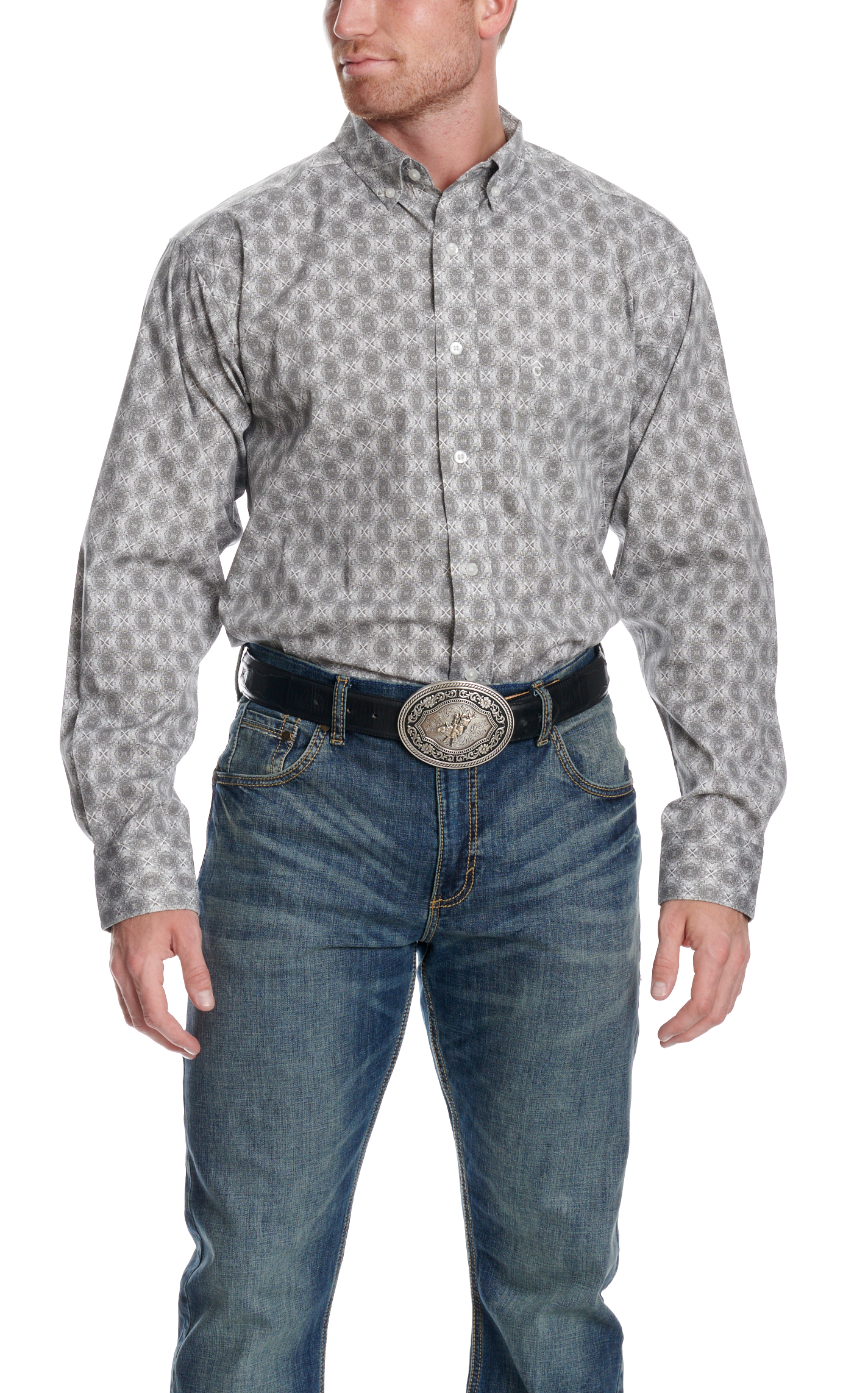 Rafter C Men's Gray Paisley Stretch Long Sleeve Western Shirt - Image 1