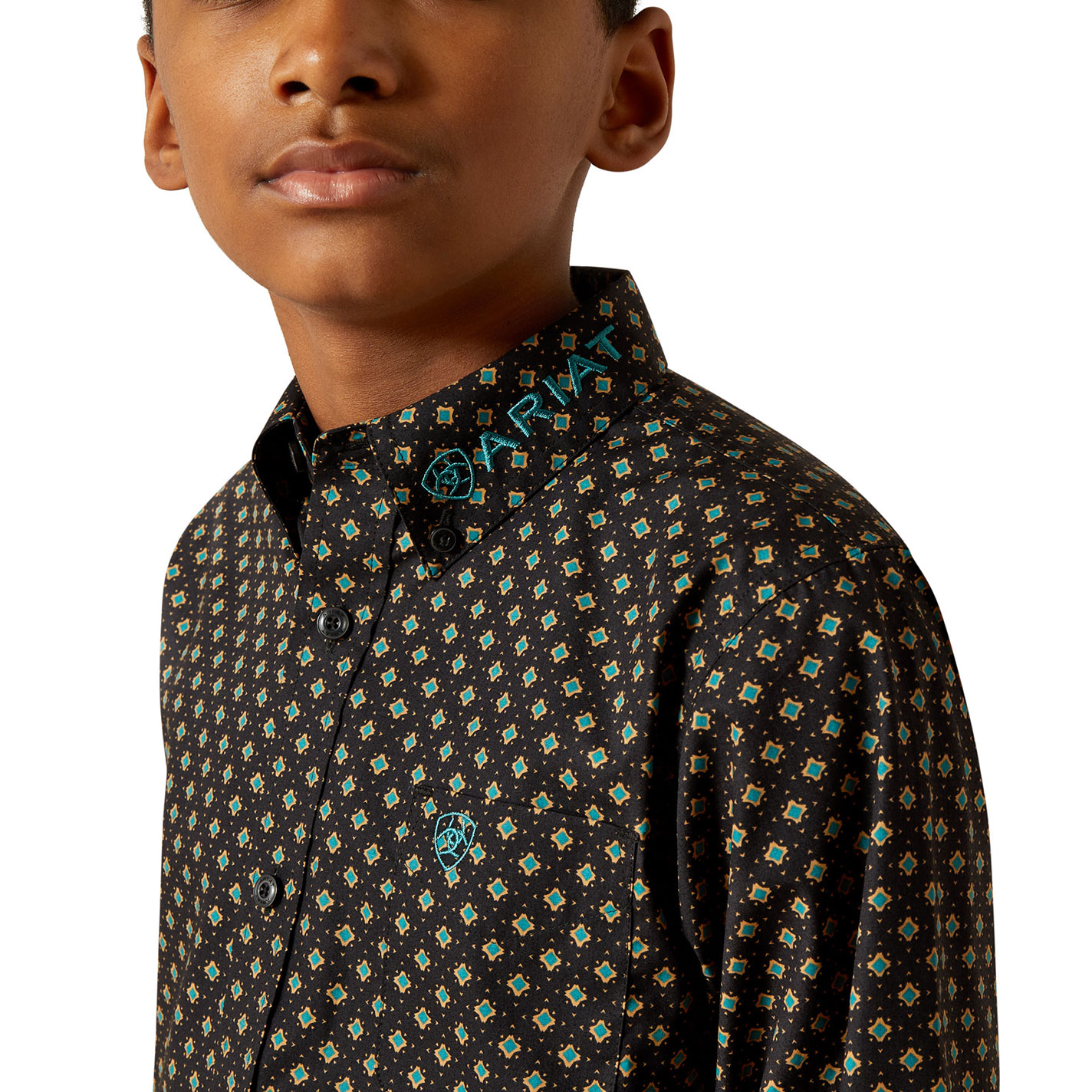 Ariat Boy's Team Philbert Black & Teal Geo Print Shirt - Image 1