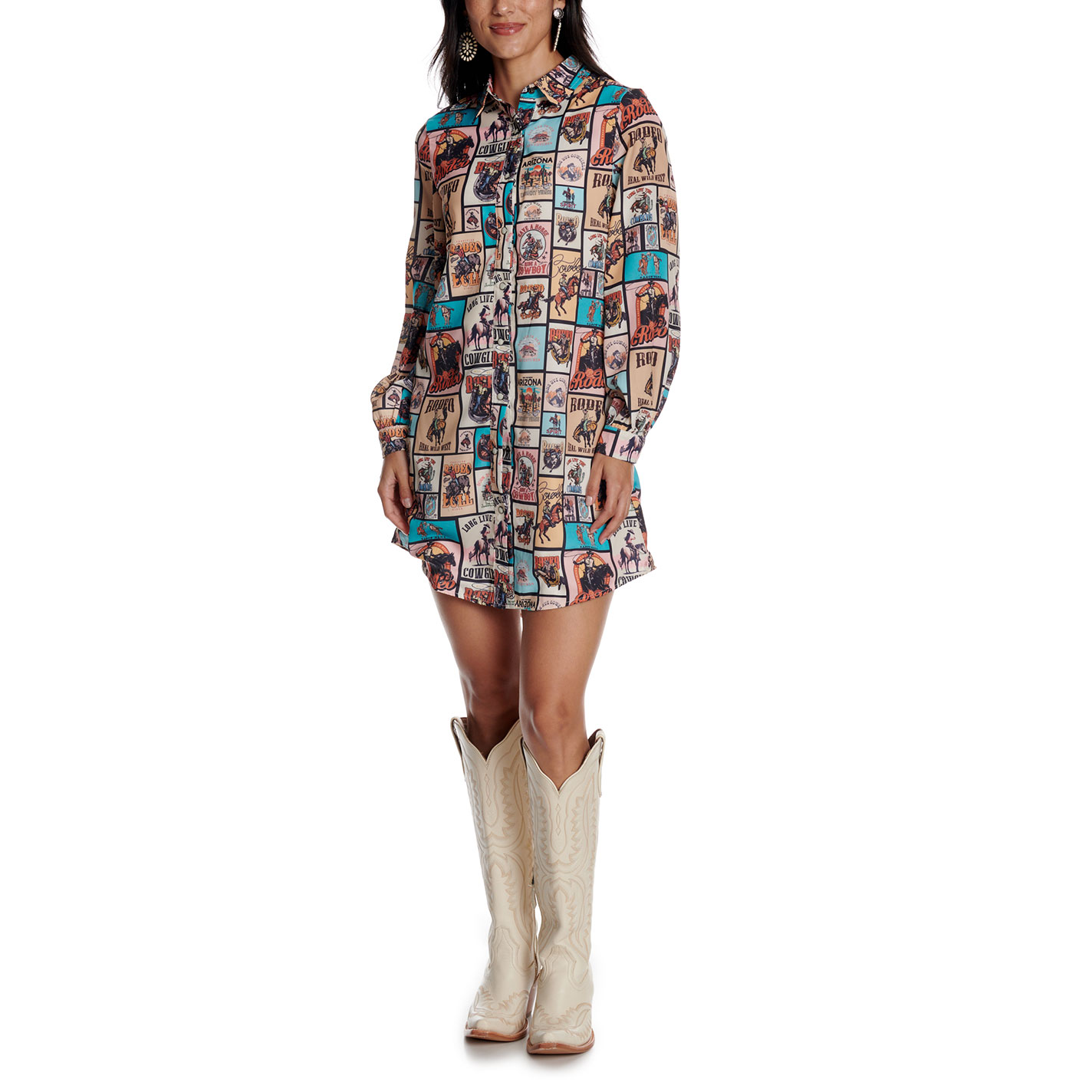 Fashion Express Women's Button Down Western Print Shirt Dress - Image 1