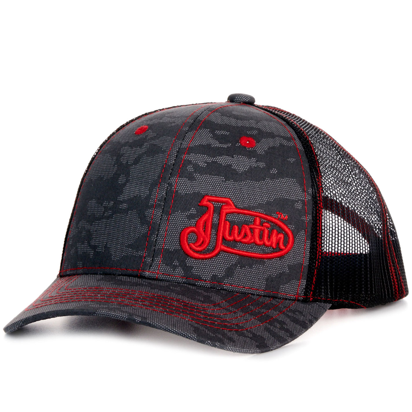 Justin Gray and Black Camo with Red Logo Snapback Cap - Image 1