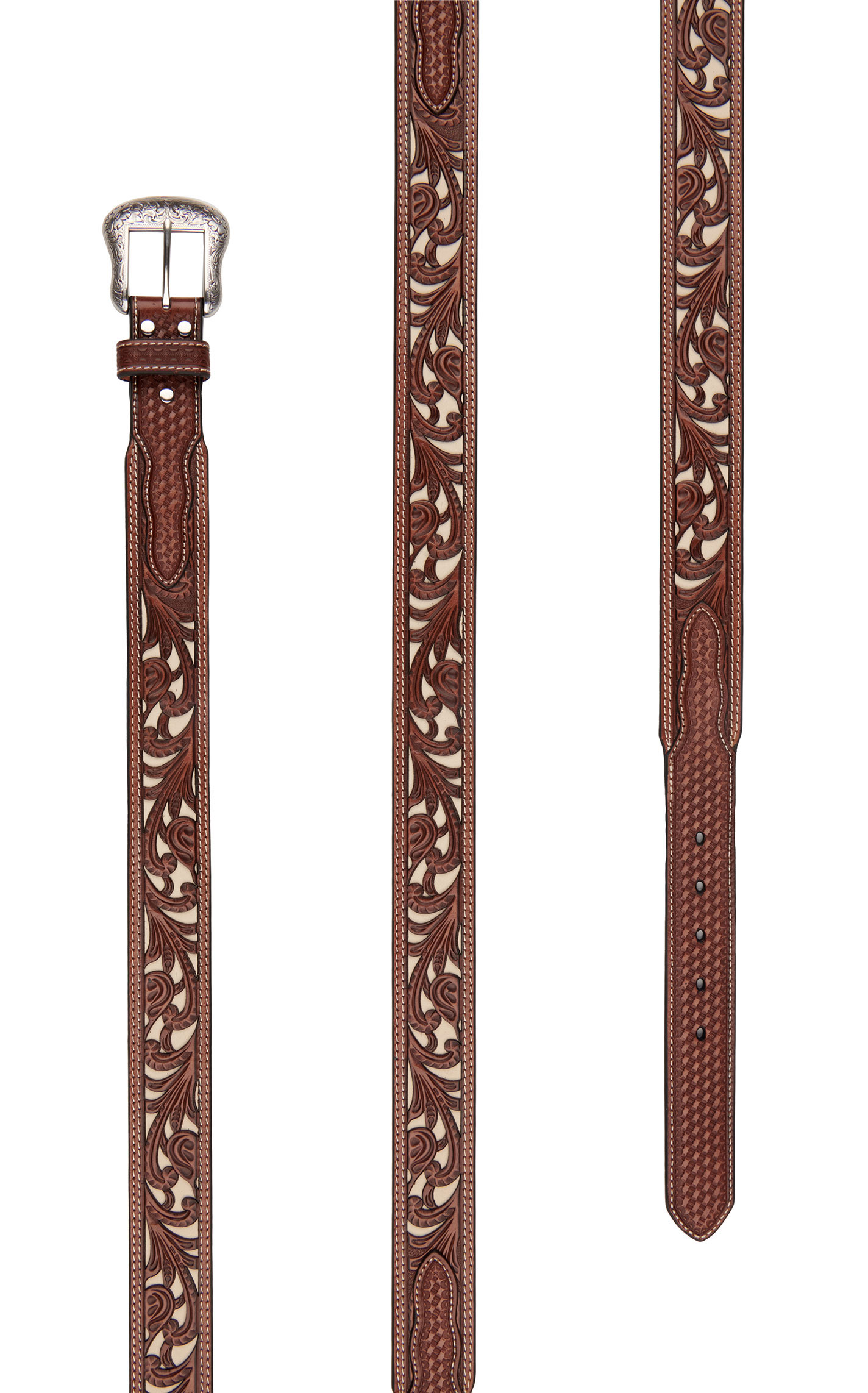 Nocona Men's Brown with Ivory Inlay Tooled Western Belt - Image 1