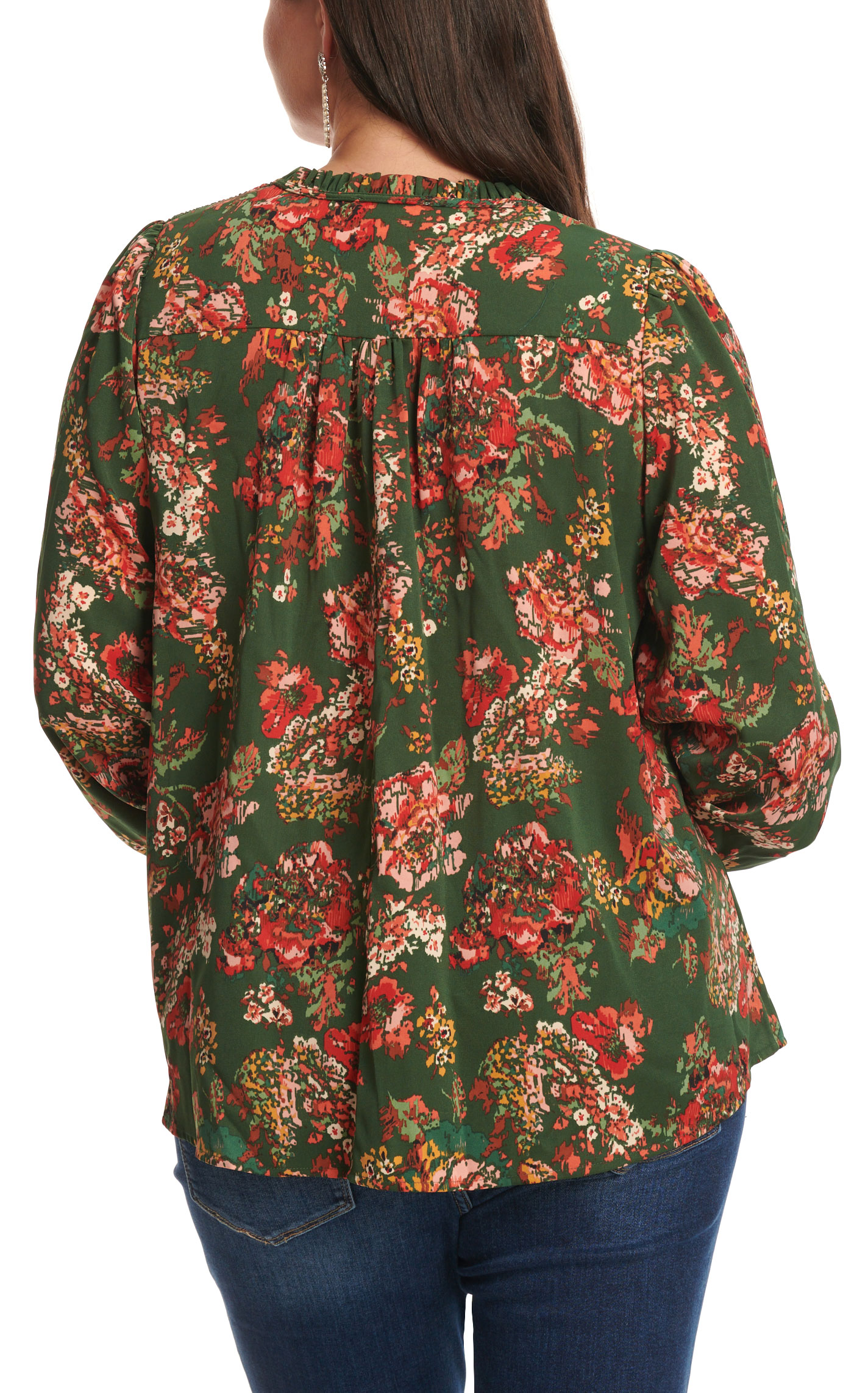 Umgee Women's Hunter Green Floral Print Tie Neck Top - Plus Sizes - Image 1