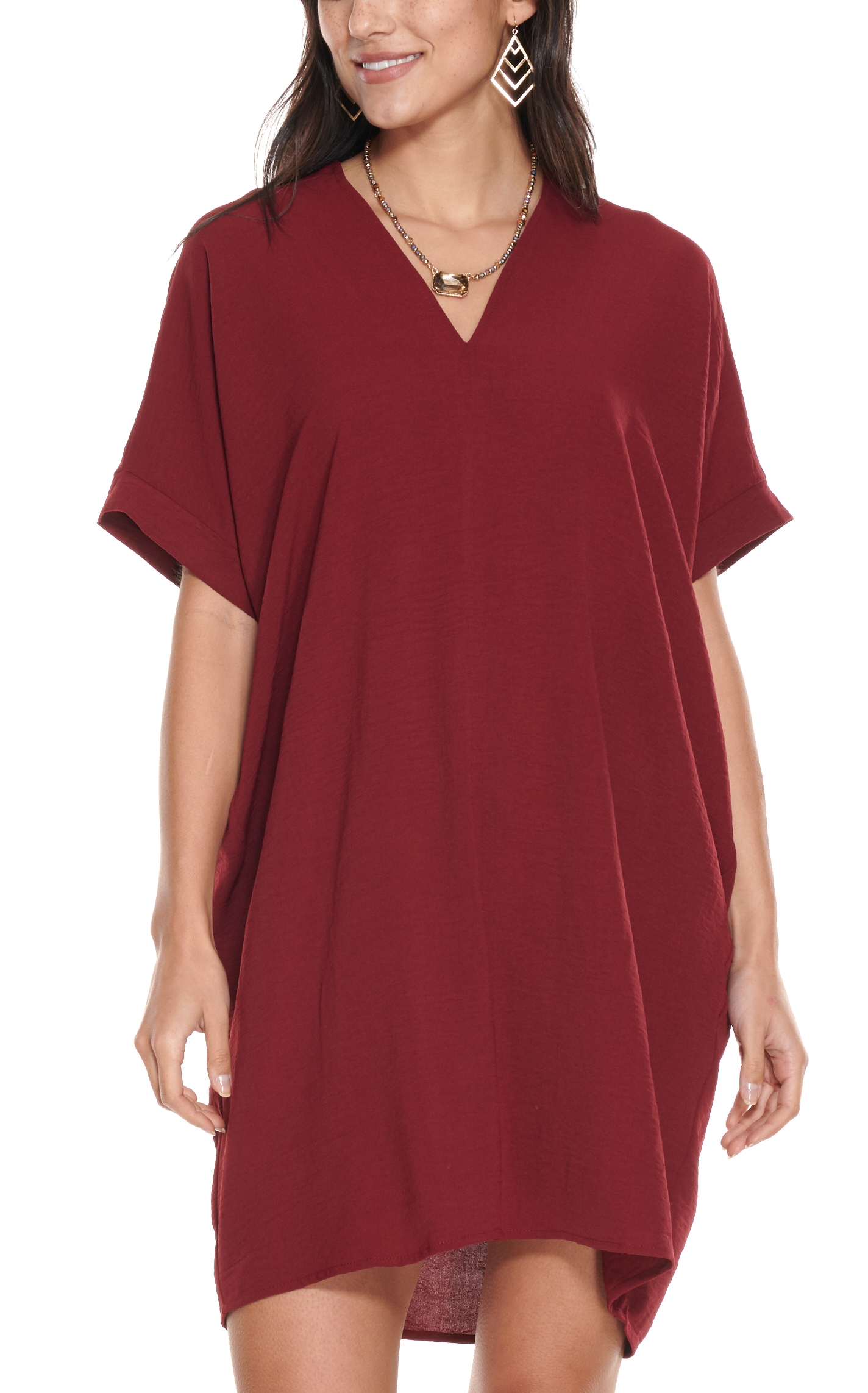 Newbury Kustom Women's Burgundy V-Neck Tunic Short Sleeve Dress - Image 1