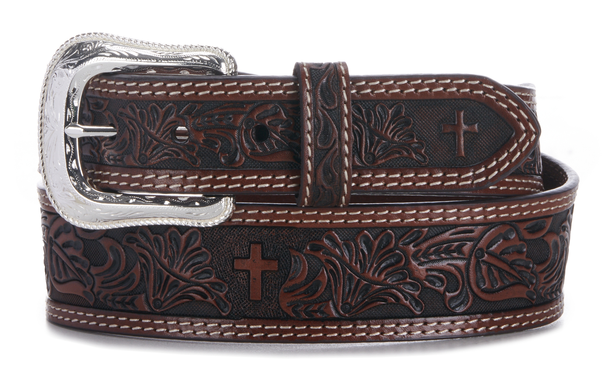 Cowboy Chrome Men's Brown Floral Tooled Cross Leather Western Belt - Image 1