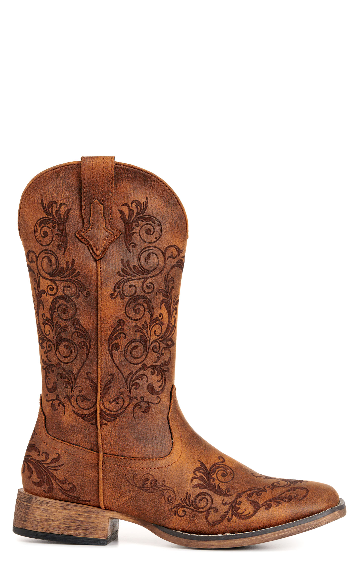 Roper Women’s Bailey Brown Laser-Etched Faux Leather Wide Square Toe Cowboy Boots - Image 1