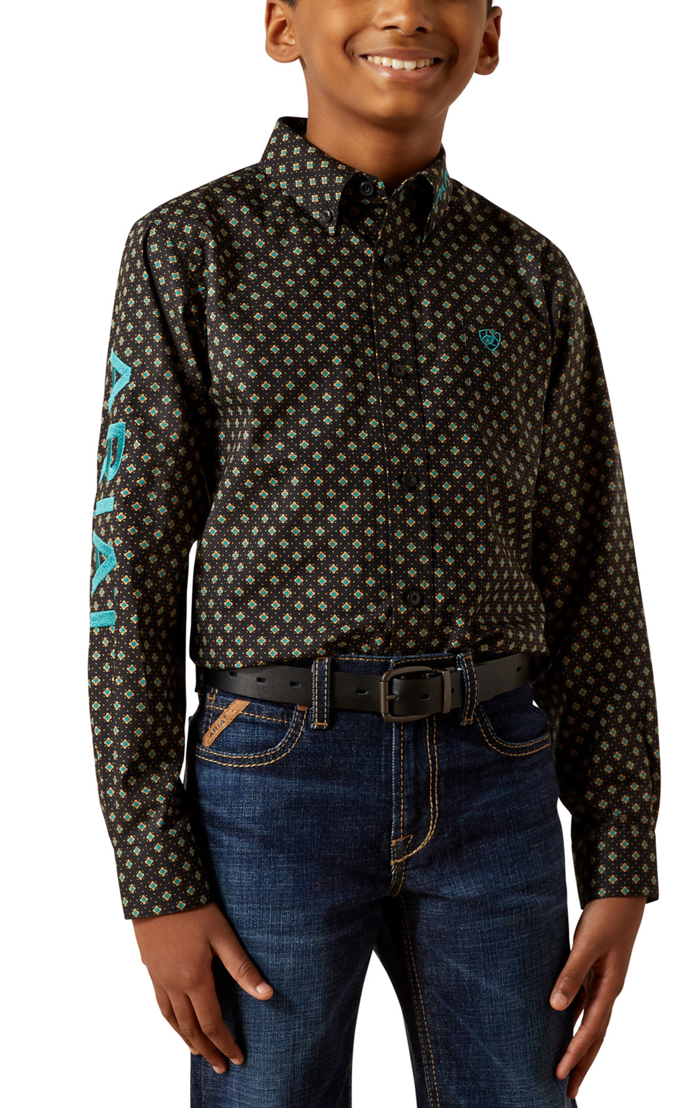 Ariat Boy's Team Philbert Black & Teal Geo Print Shirt - Image 1