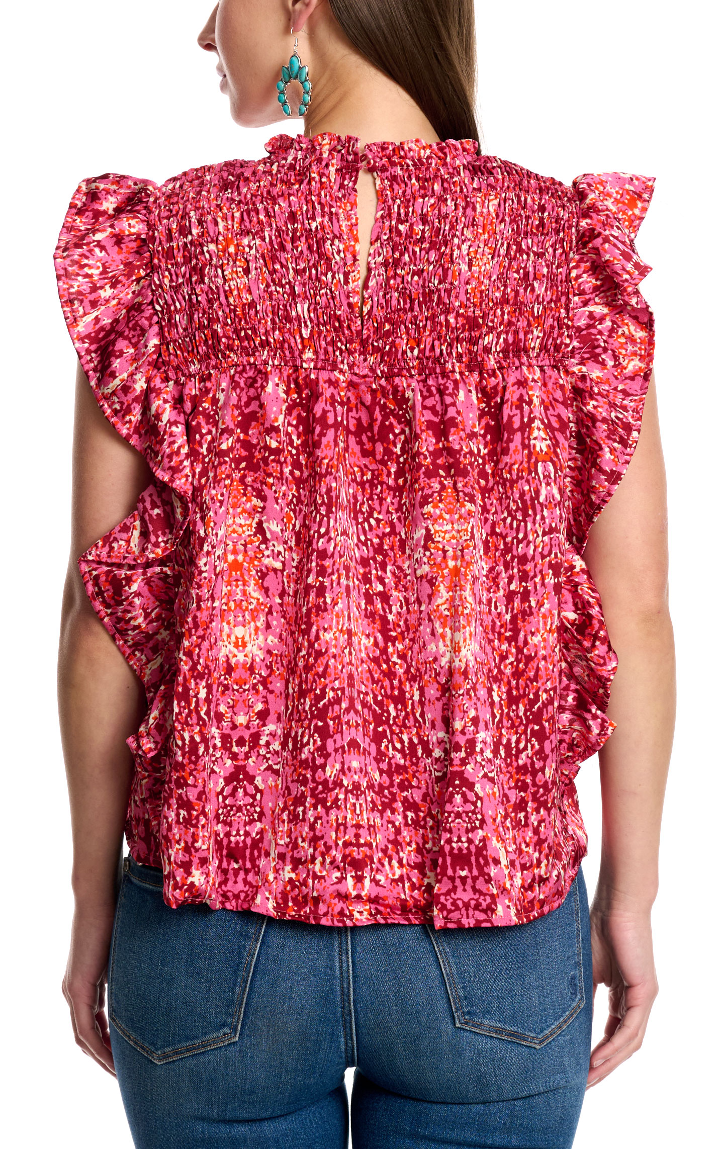 TCEC Women's Red & Hot Pink Print Ruffle Top - Image 1