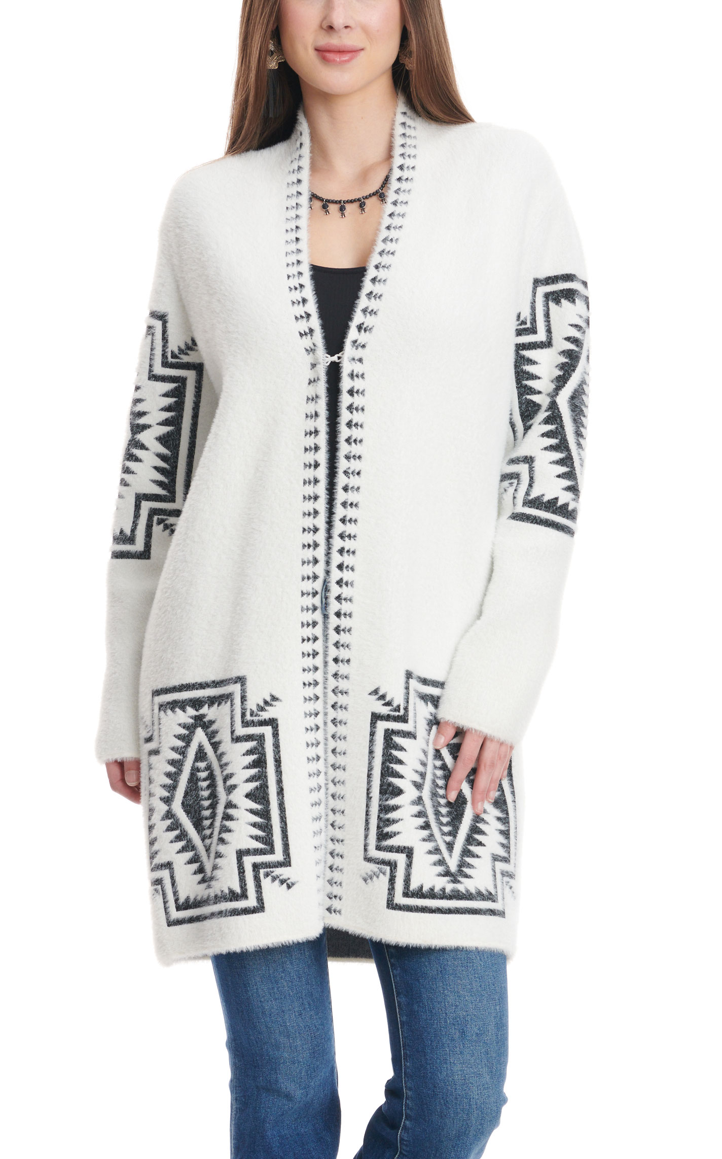 Venario Women's White Sand & Black Aztec Print Soft Cardigan - Image 1