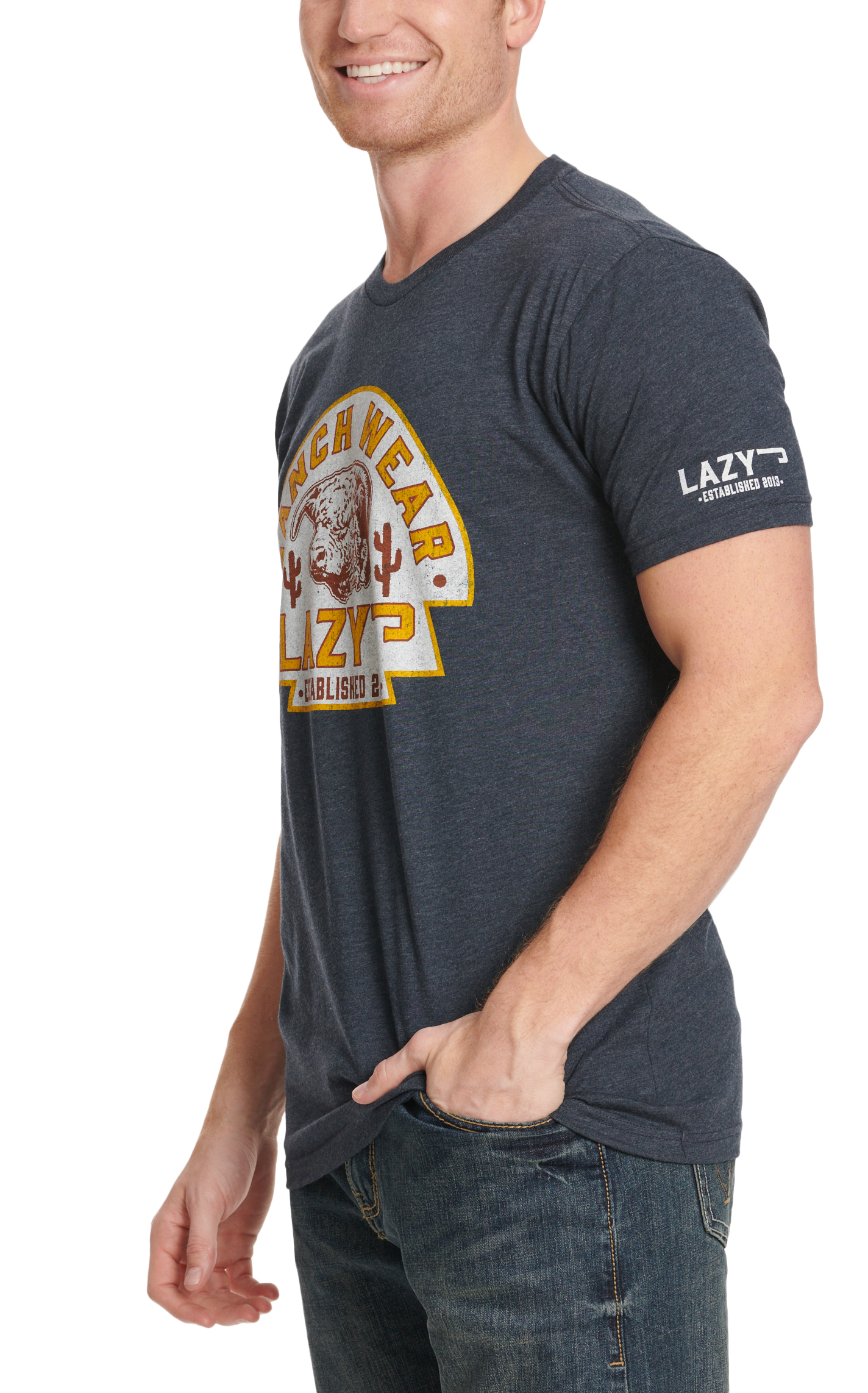 Lazy J Men's Navy Arrowhead Bull Logo Graphic T-Shirt - Image 1