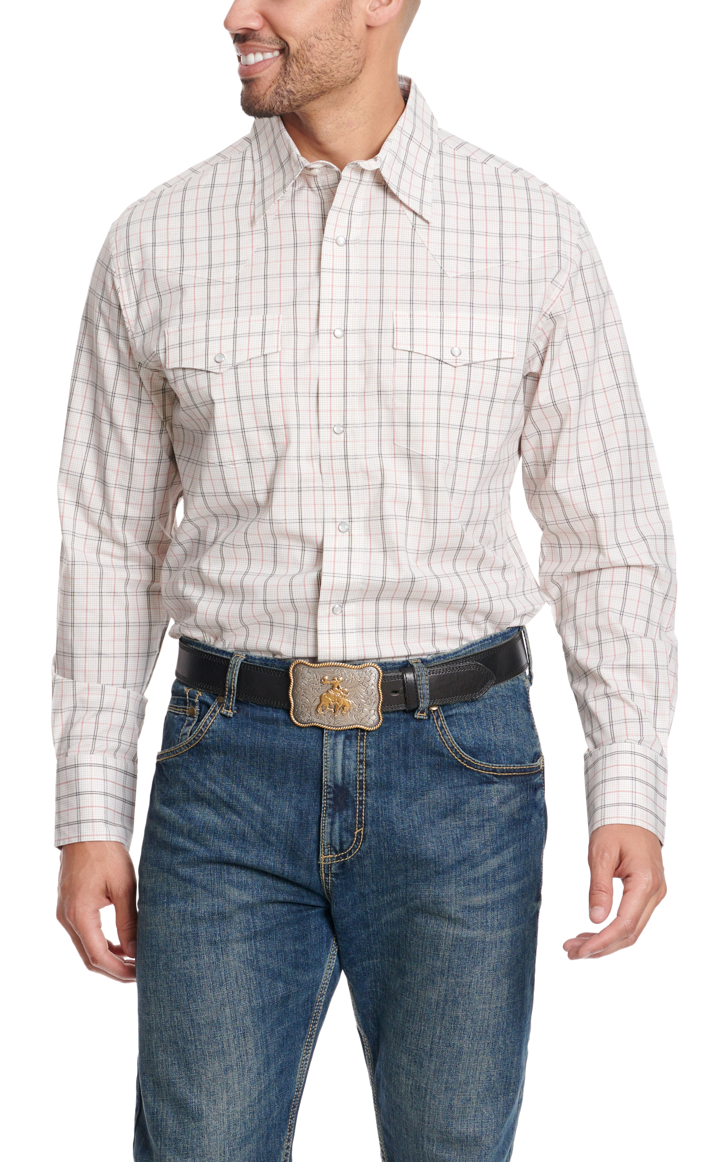 Wrangler Men's Taupe Red & Black Plaid Relaxed Fit Western Shirt - Image 1