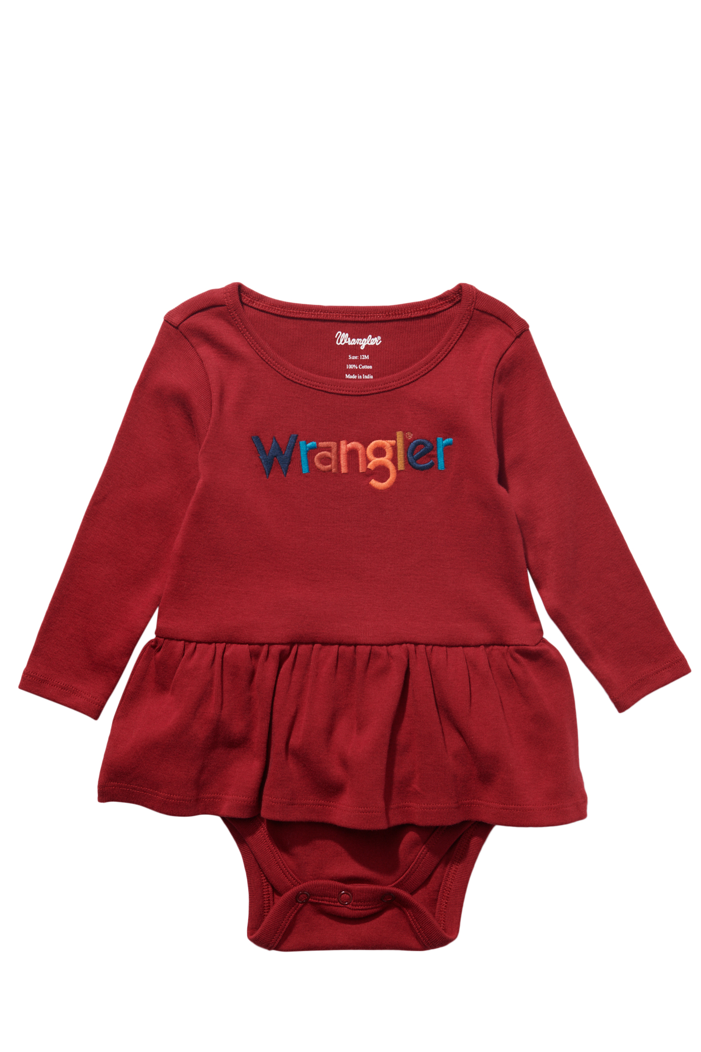 Wrangler Infant Girl's Burgundy & Colorful Logo Embroidery Ruffle Skirt Long Sleeve Onesie - Image 1