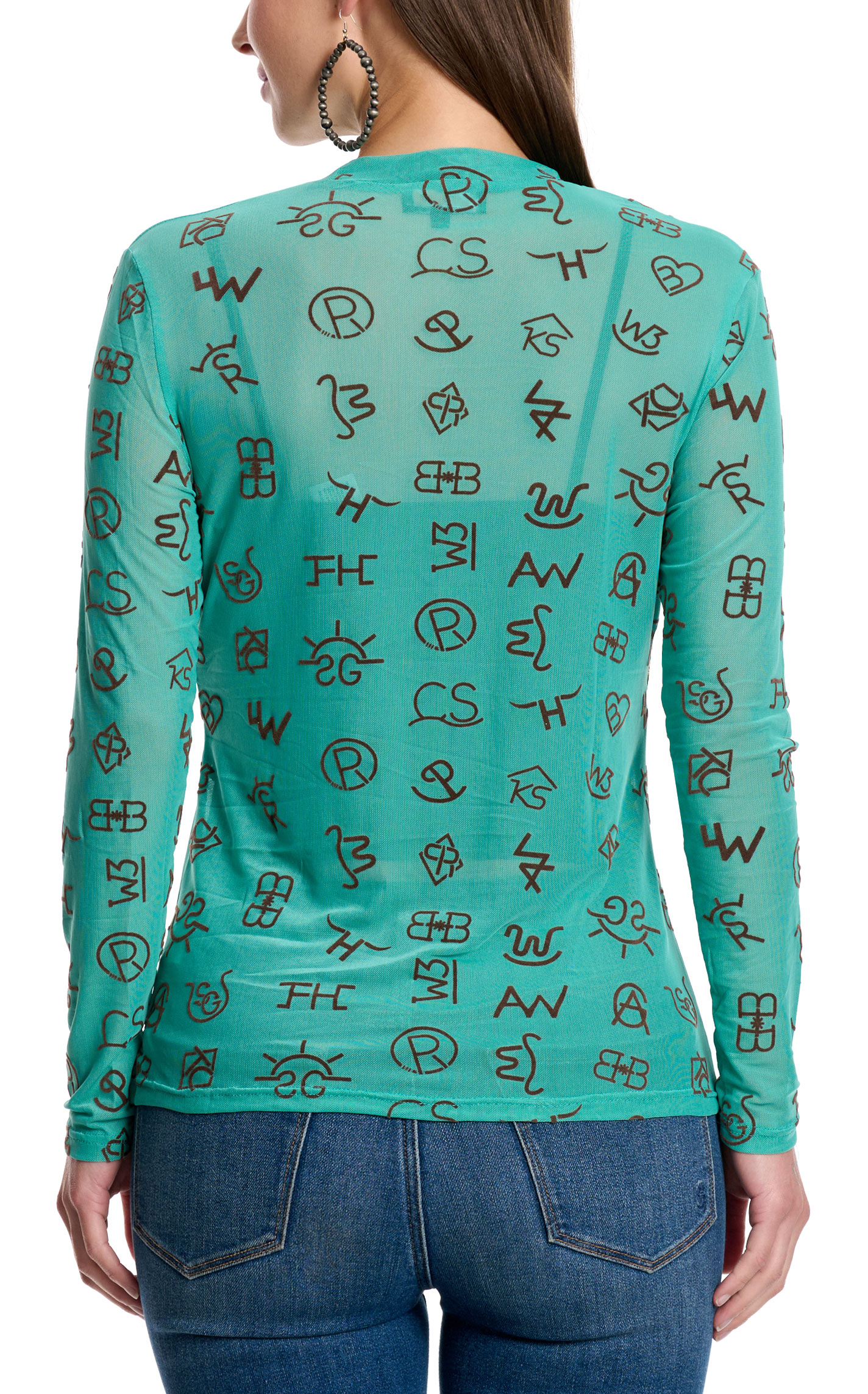 Marigold Kiss Women's Turquoise Green Branded Mesh Top - Image 1
