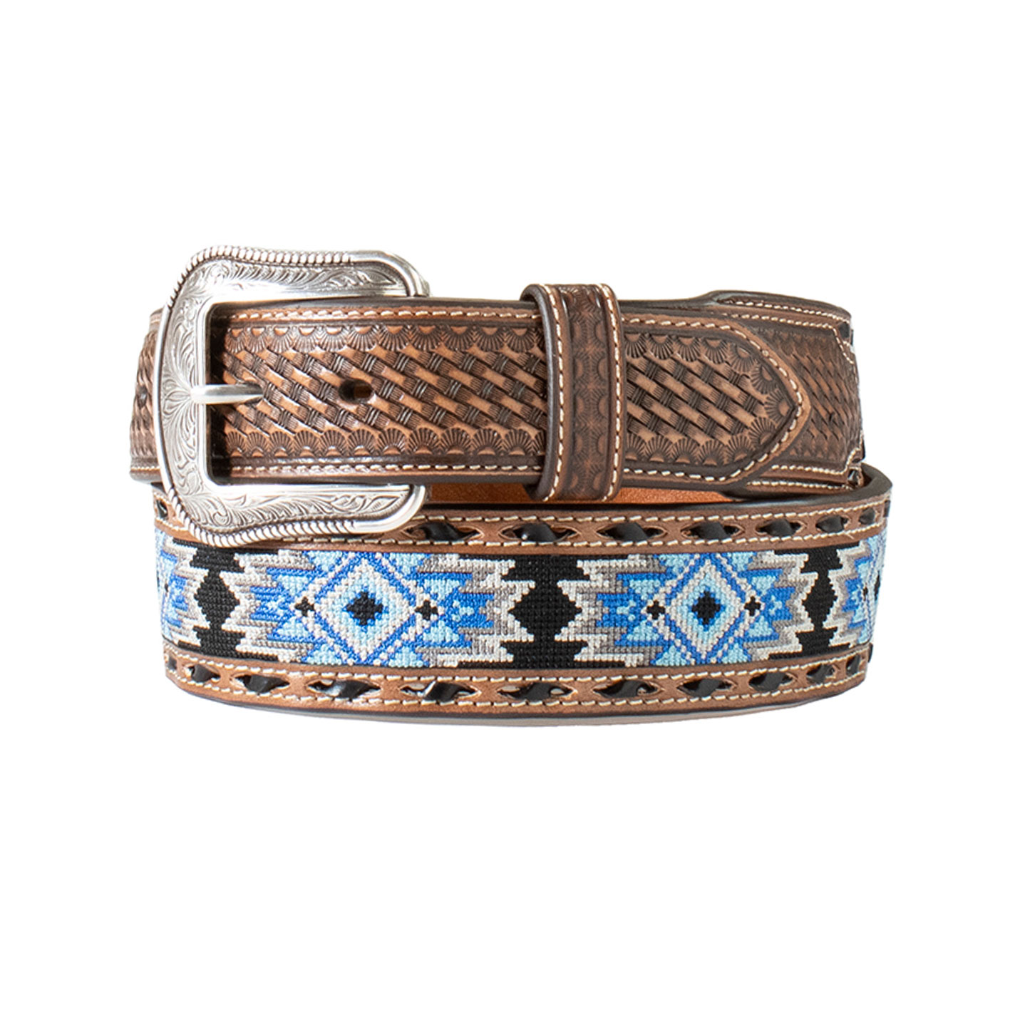 3D Belt Co Men's Brown Basket Weave Colorful Aztec Beaded Western Belt - Image 1