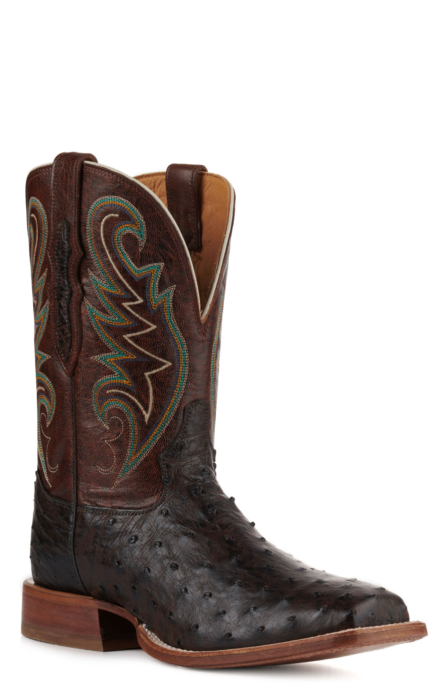 Tony Lama Men's Foster Sienna Full Quill Ostrich and Cognac Wide Square Toe Exotic Cowboy Boots - Image 1