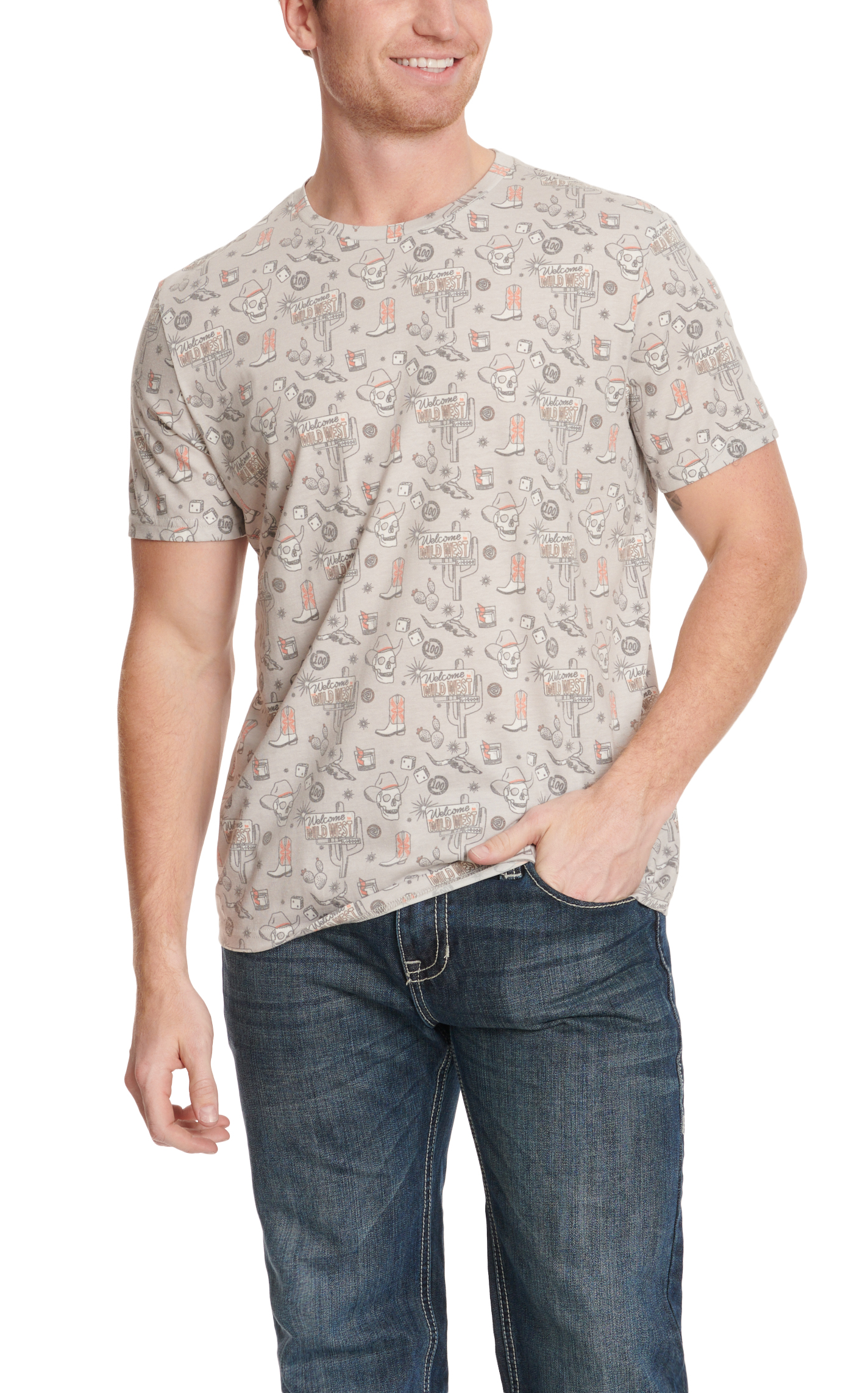 Rock & Roll Denim Men's Gray & Orange All-Over Western Tattoo Print Short Sleeve T-Shirt - Image 1