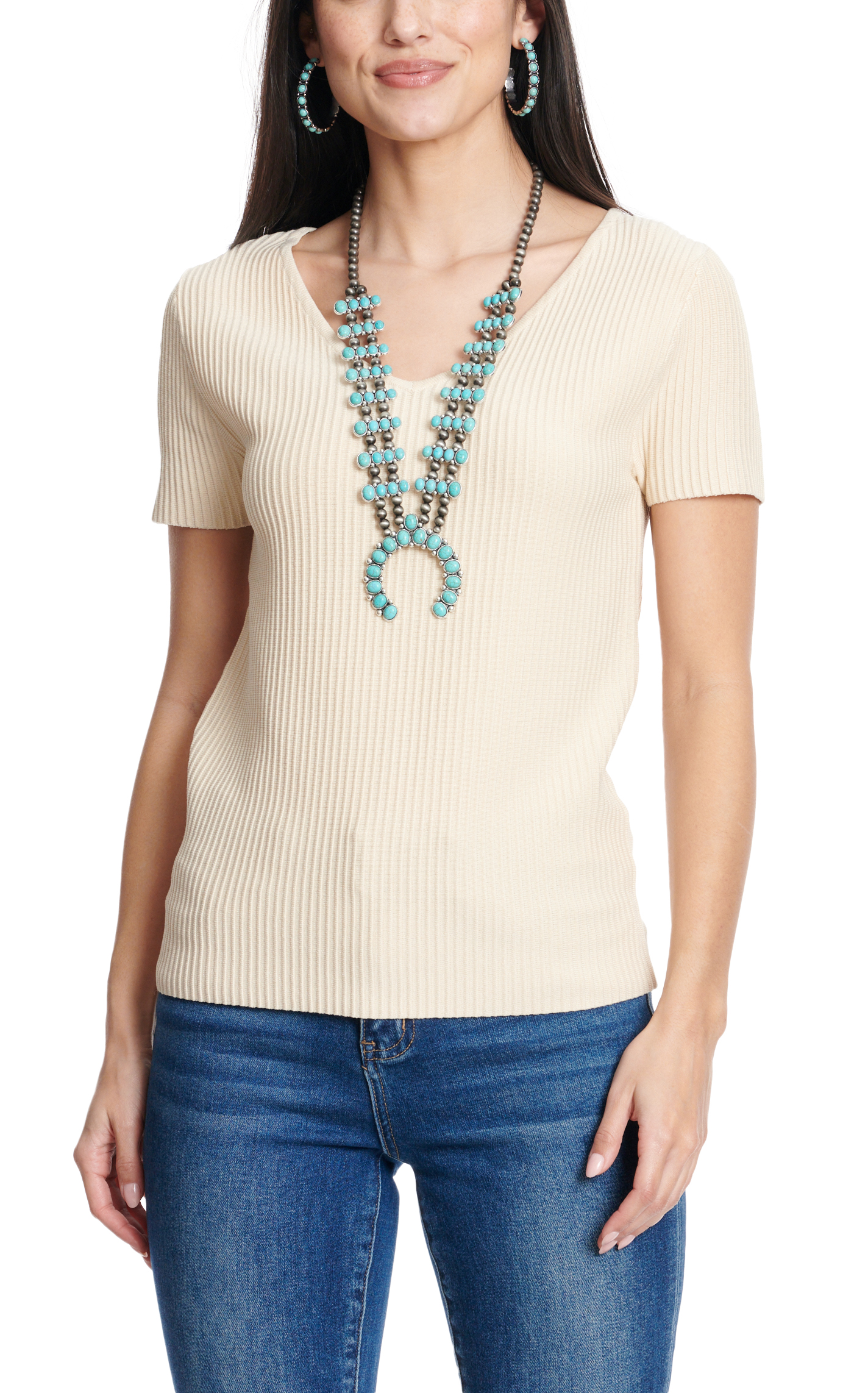 Another Love Women's Birch Latte Ribbed V-Neck  Short Sleeve Top - Image 1