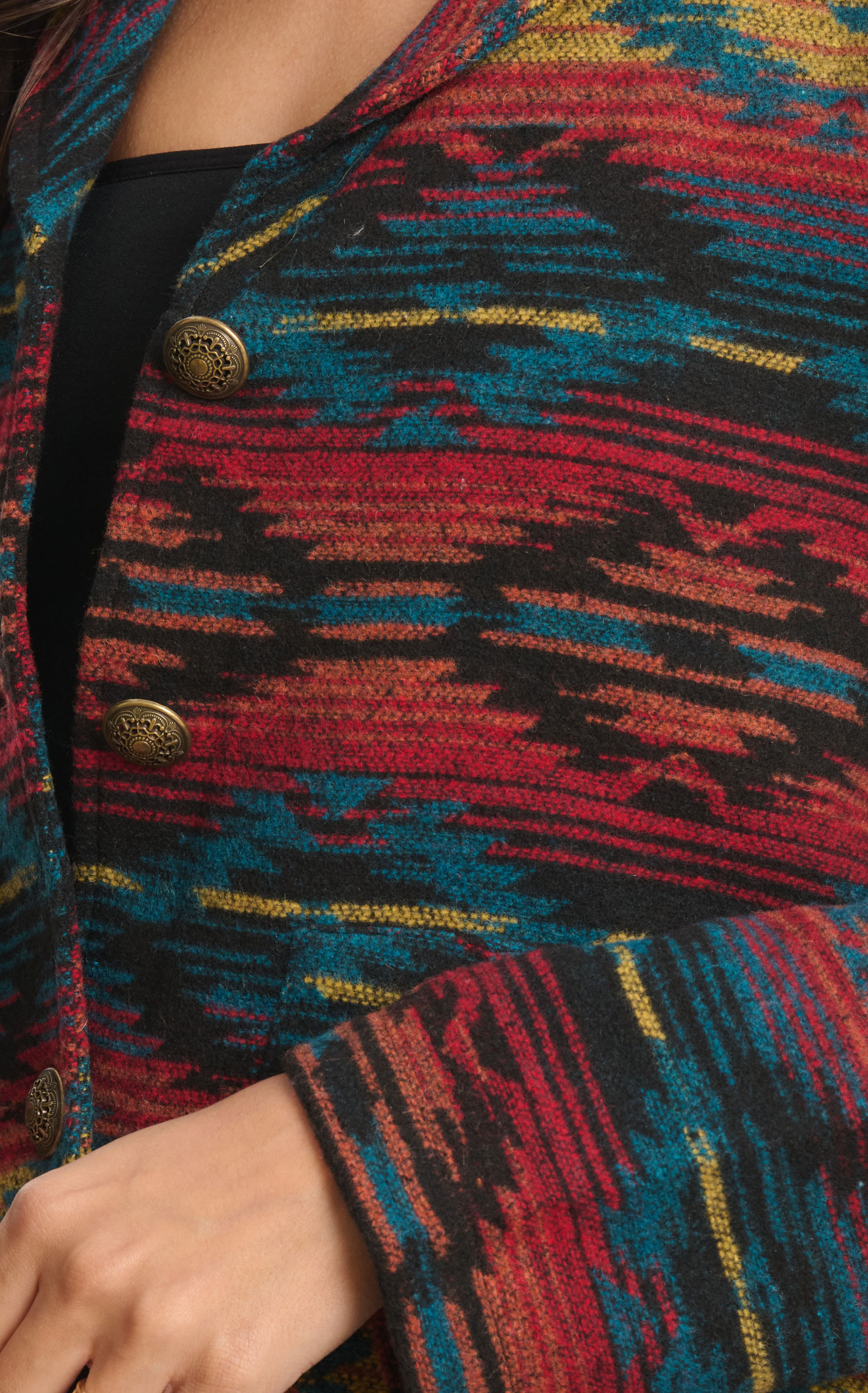 Magnolia Lane Women's Red Black & Turquoise Aztec Woven Jacket - Image 1