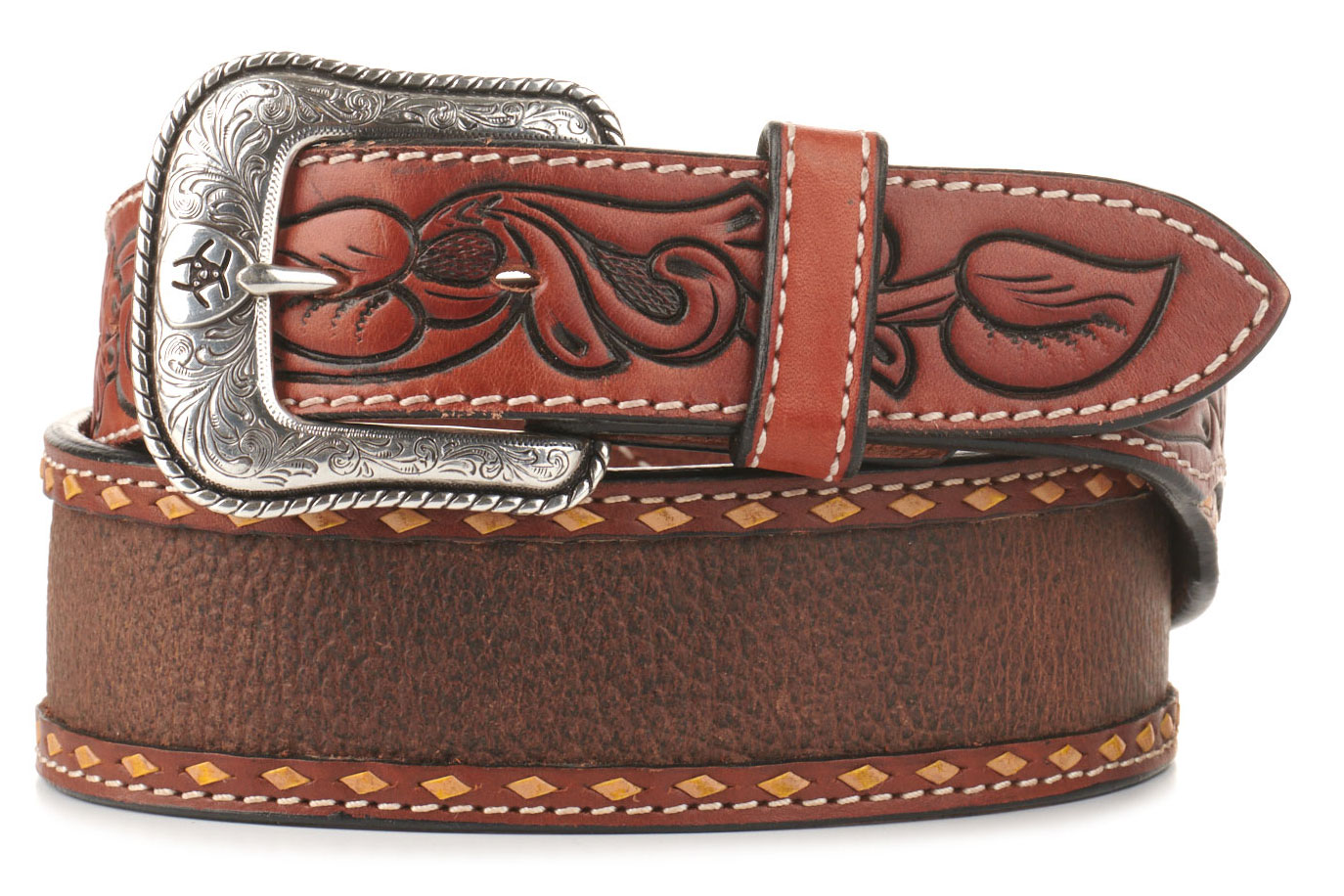 Ariat Men's Brown Tooled Floral Scrolling on Tabs Textured Western Belt - Image 1