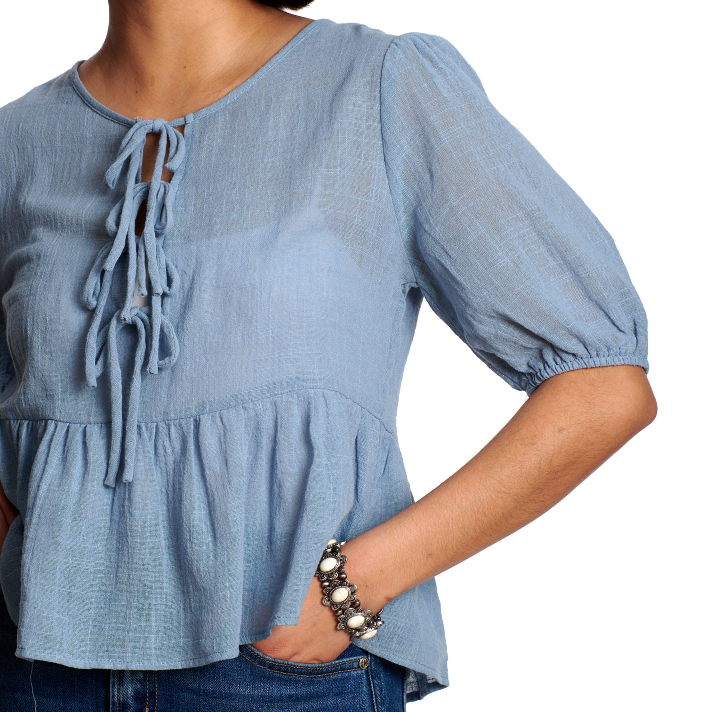 Rockin C Women’s Pale Blue Tie-Front Peplum Blouse - Image 1