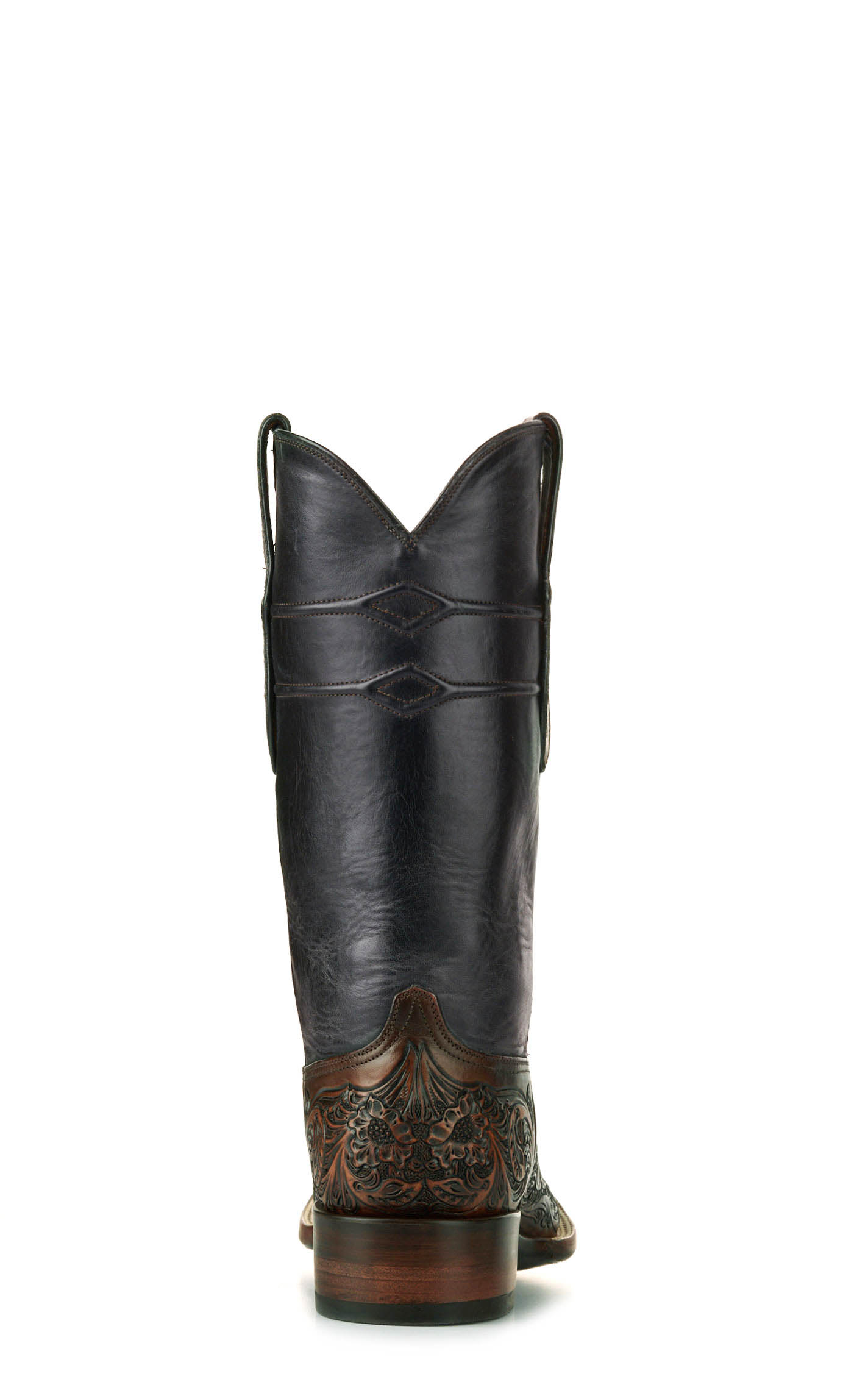 Black Jack Men's Mahogany Black and Brown Hand Tooled Wide Square Toe Cowboy Boots - Image 1
