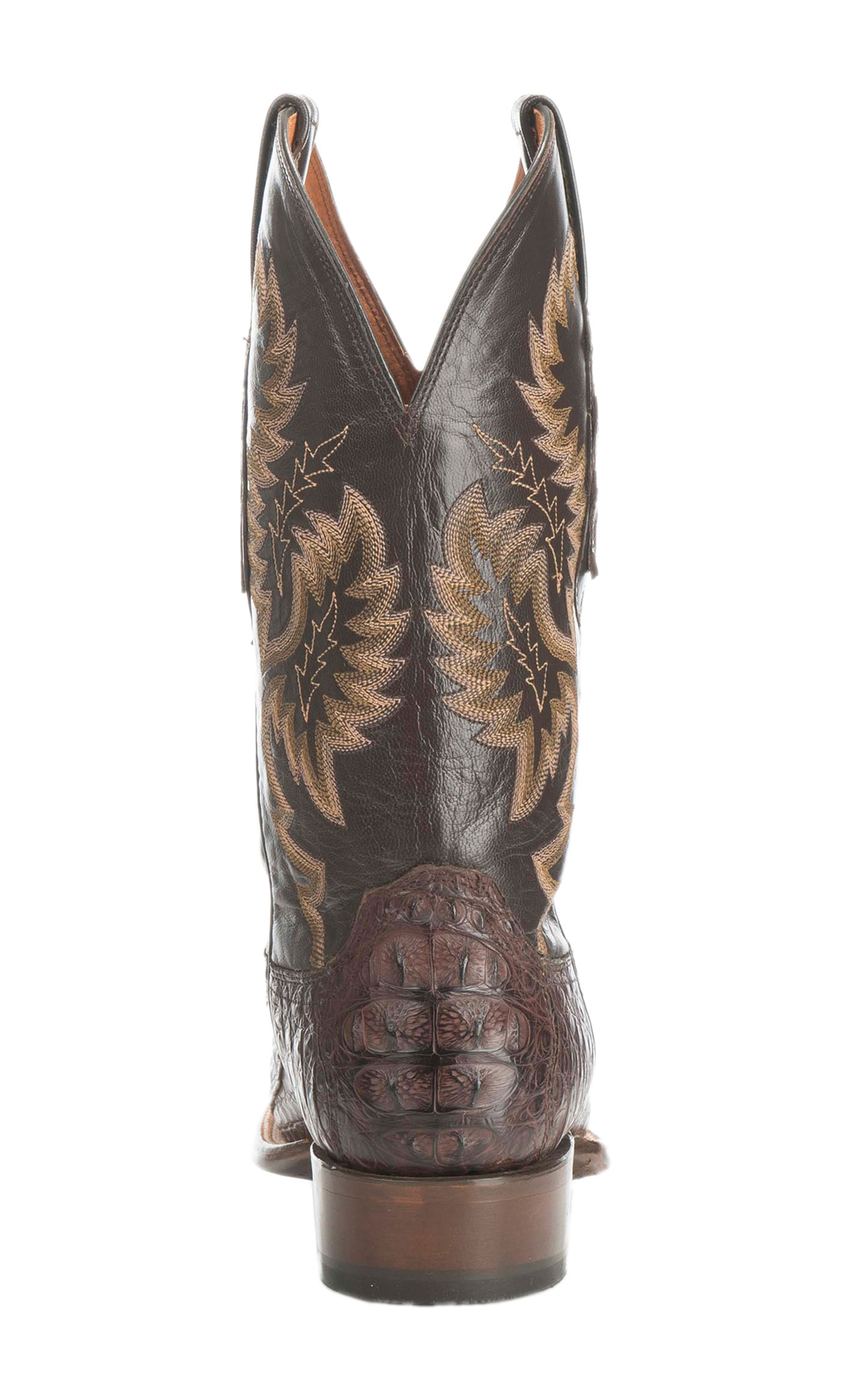 Lucchese Men's Barrel Brown and Chocolate Caiman Tail Wide Square Toe Exotic Cowboy Boots - Image 1
