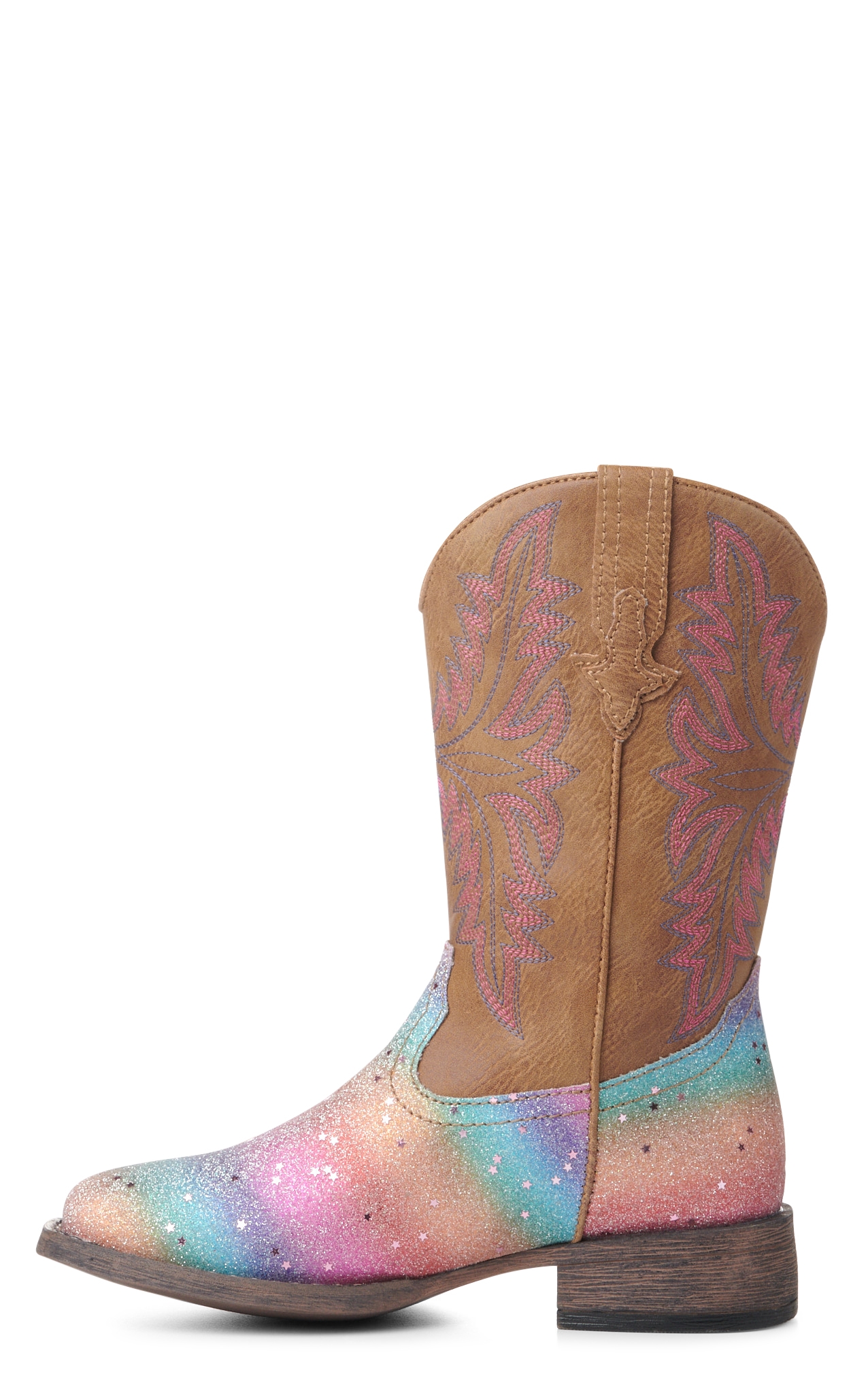Roper Girls' Tan and Rainbow Glitter Square Toe Cowboy Boots - Image 1