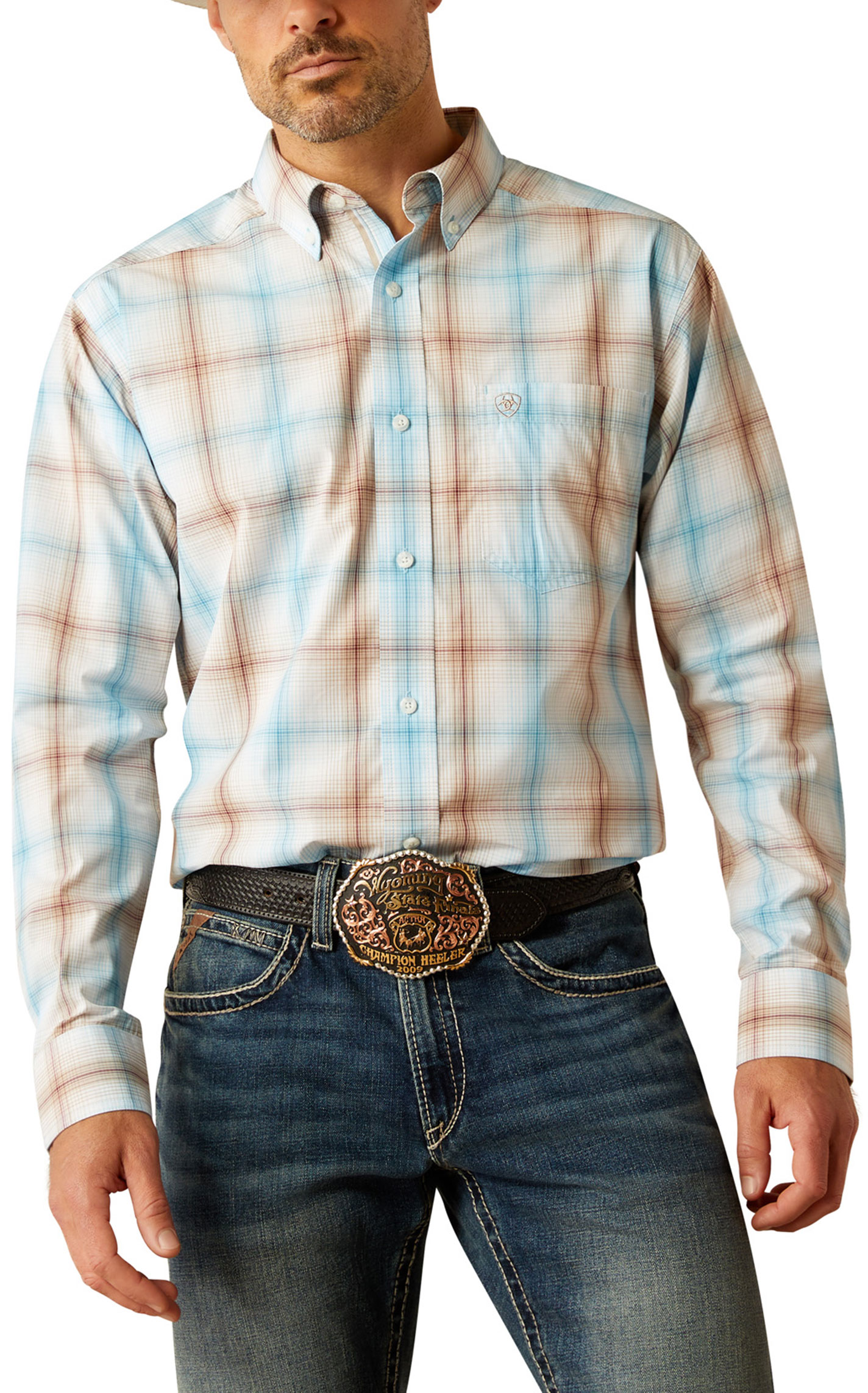 Ariat Pro Series Men's Grady Blue & Brown Plaid Western Shirt - Image 1