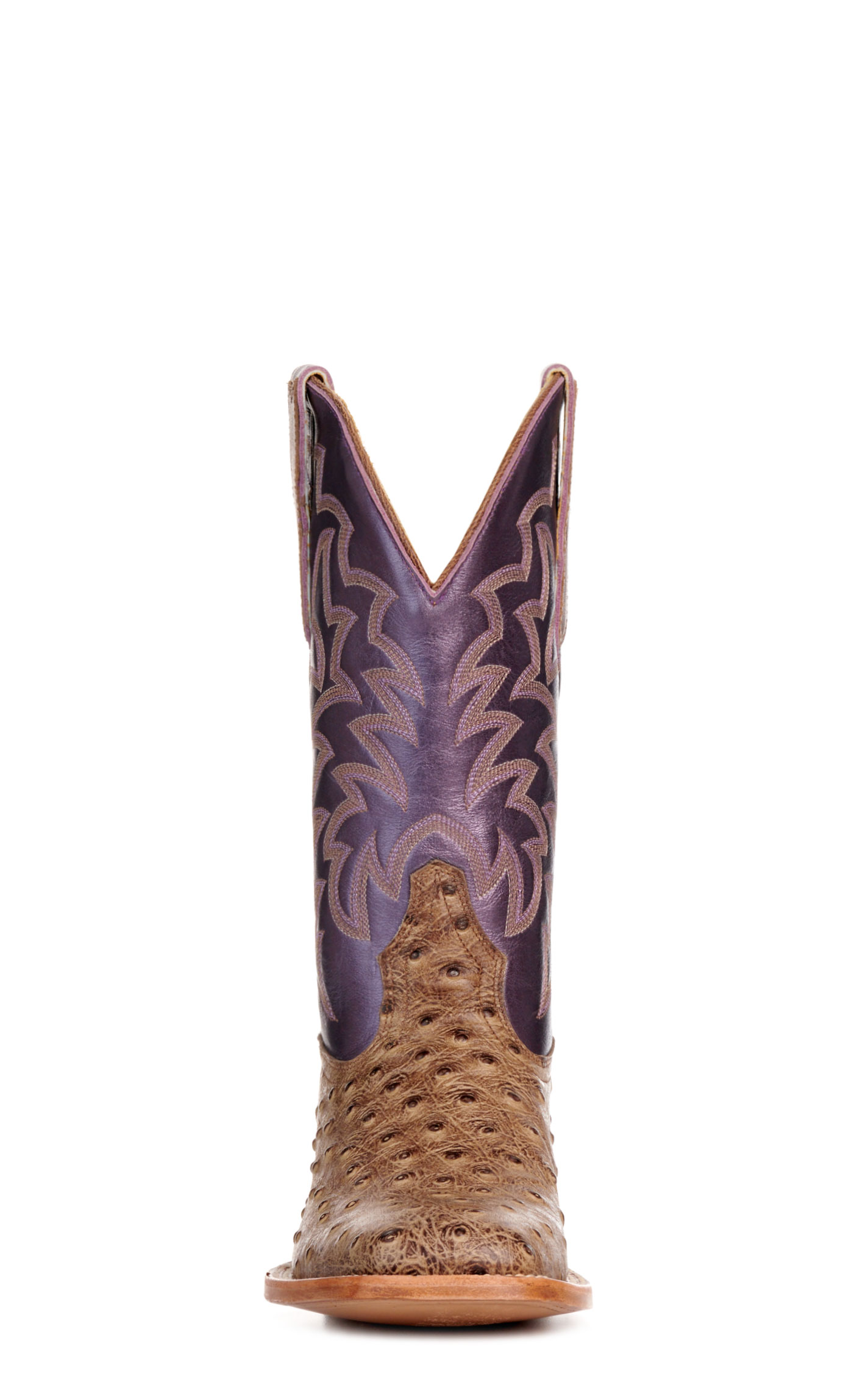 Cavender’s Women’s Endurance Sand Ostrich Print and Metallic Purple Wide Square Toe Cowboy Boots - Image 1