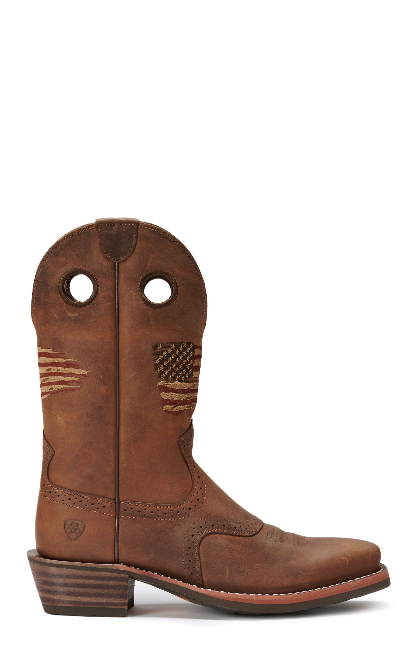 Ariat Men's Roughstock Patriot Distressed Brown Embroidered Flag Punchy Square Toe Cowboy Boots - Image 1