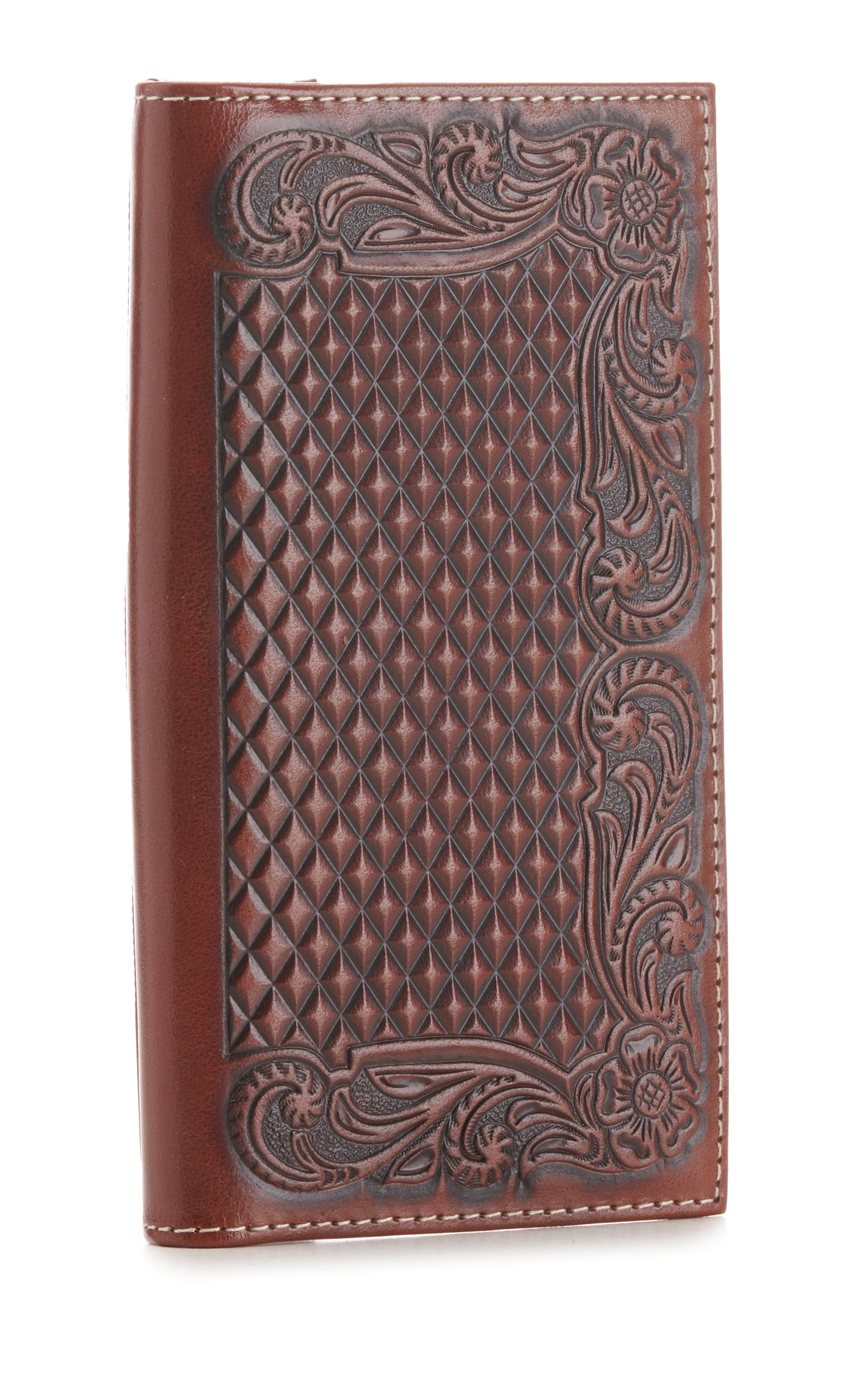 Ariat Brown Tooled and Diamond Embossed Rodeo Wallet / Checkbook Cover - Image 1