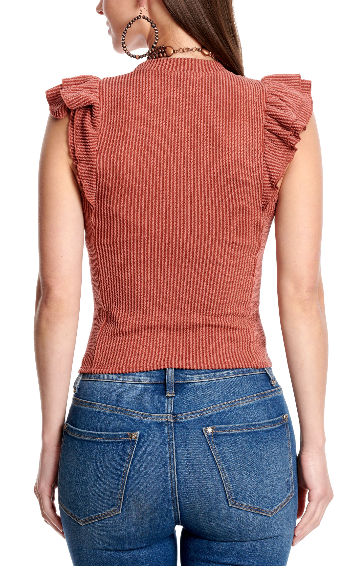 Moa Moa Women's Rich Rust Ribbed Flutter Top - Image 1