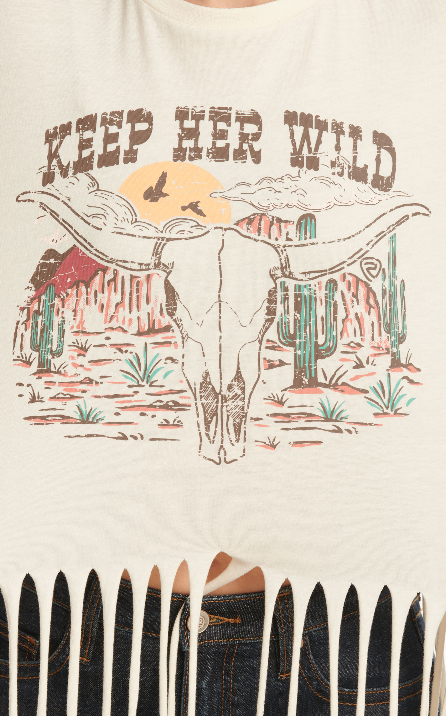 Rock & Roll Denim Women's Bone Keep Her Wild Graphic Fringed T-Shirt - Image 1
