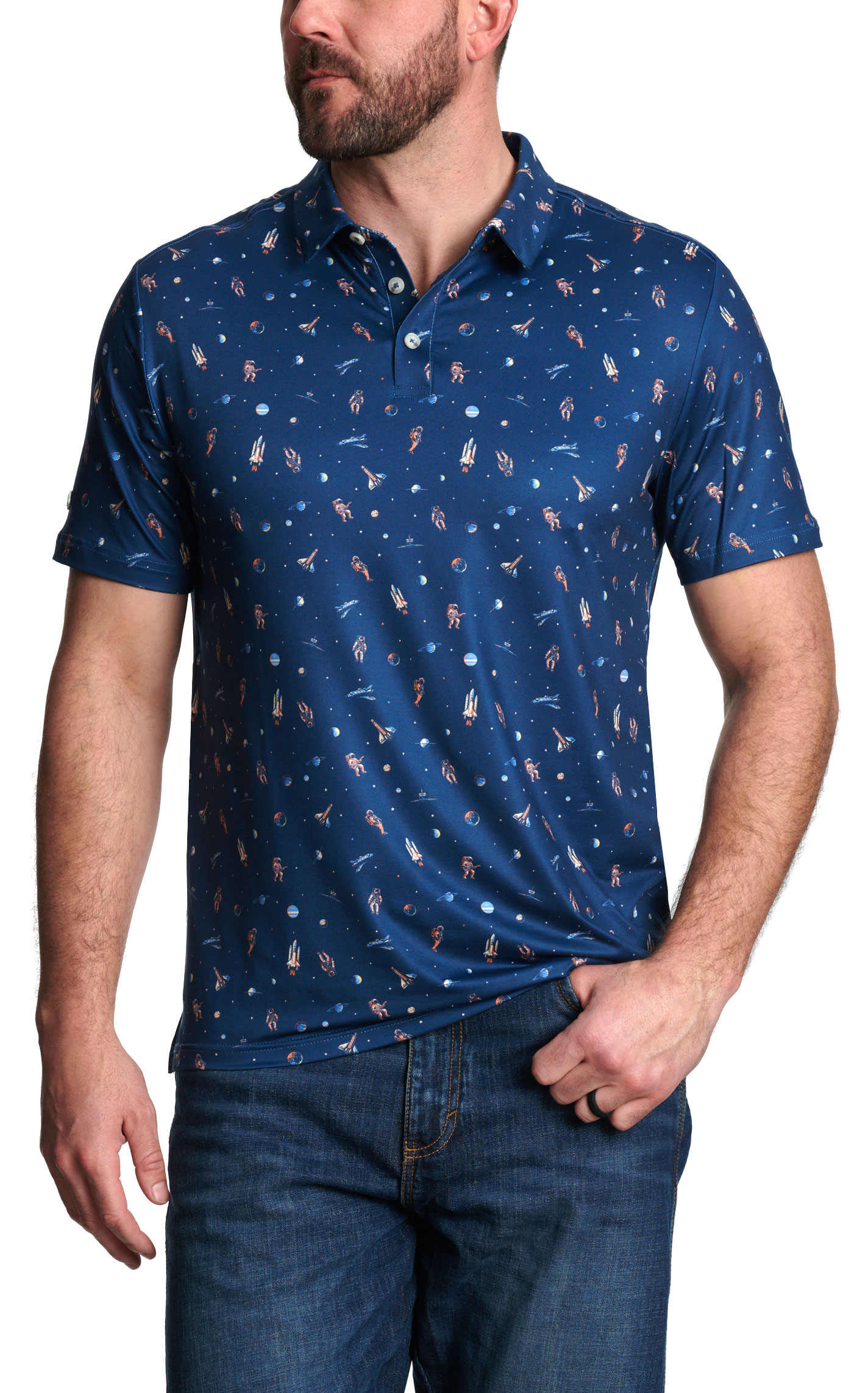 Burlebo Men's Dark Blue Moon Print Performance Polo  - Image 1