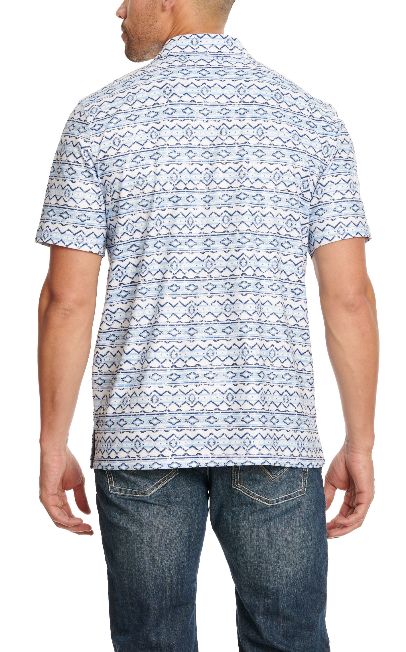Panhandle Men's White Navy & Light Blue Aztec Print Short Sleeve Polo Shirt - Image 1