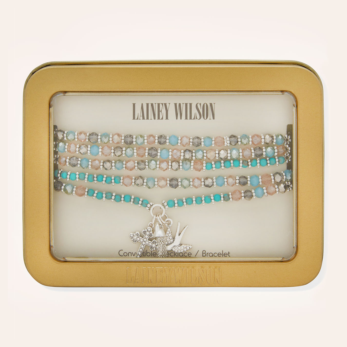 Lainey Wilson Turquoise, Pink & Silver Beaded Rhinestone Dove Convertible Necklace Bracelet  - Image 1