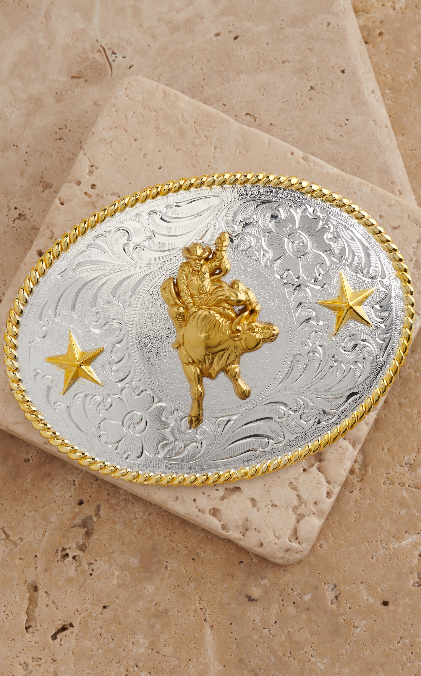 M&F Western Products Silver with Gold Rope Edge Centered Gold Bull Rider Belt Buckle - Image 1