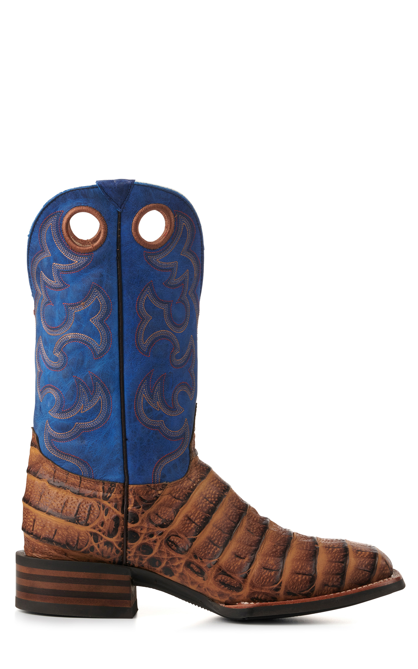 Cavender's Men's Intrepid Honey Giant Caiman Print and Blue Wide Square Toe Cowboy Boots - Image 1
