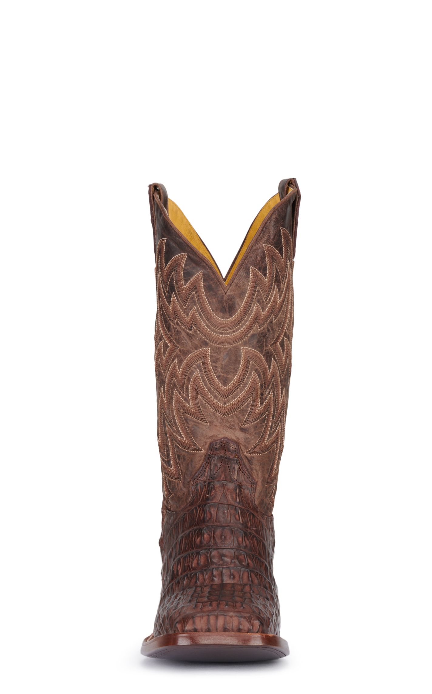 Cavender's Men's Chocolate and Cigar Reverse Caiman Tail Wide Square Toe Exotic Cowboy Boots - Image 1